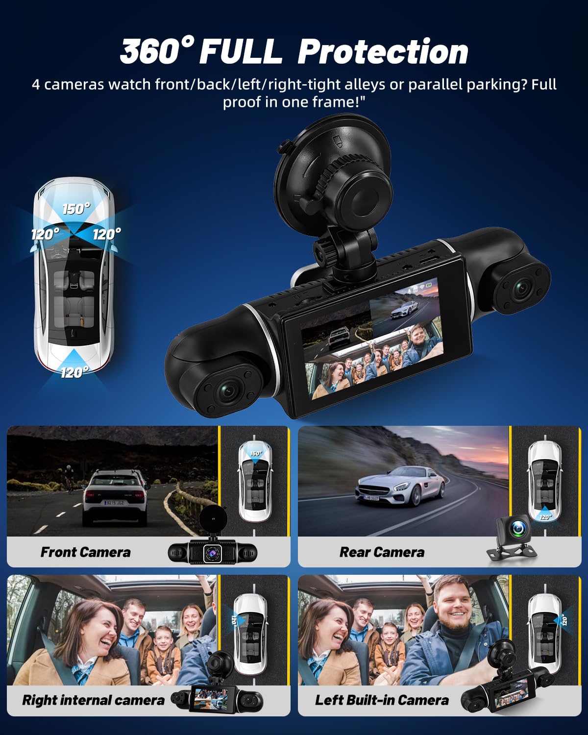 NHOPEEW Cámara para salpicadero WiFi 2K de 3 Pulgadas, 4 Canales, 360° + 1080P Interior Izquierda y Derecha + cámara Trasera, cámara para salpicadero con Sensor G, visión Nocturna, grabación en Bucle