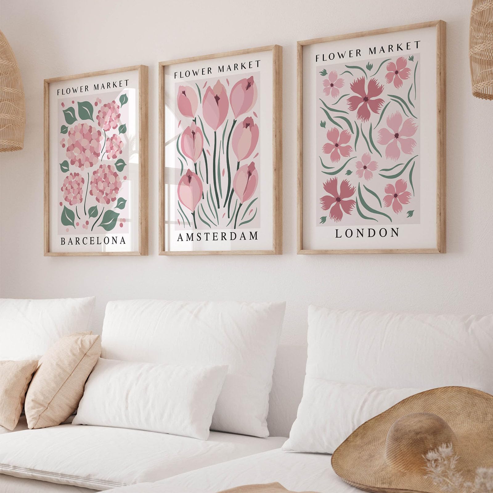 Set of 3 Flower Posters, Vintage Pink Flower Picture Posters & Art Prints, Bedroom Teenage Girl Decoration Wall Collages, Frameless Canvas Pictures (40 x 50 cm)
