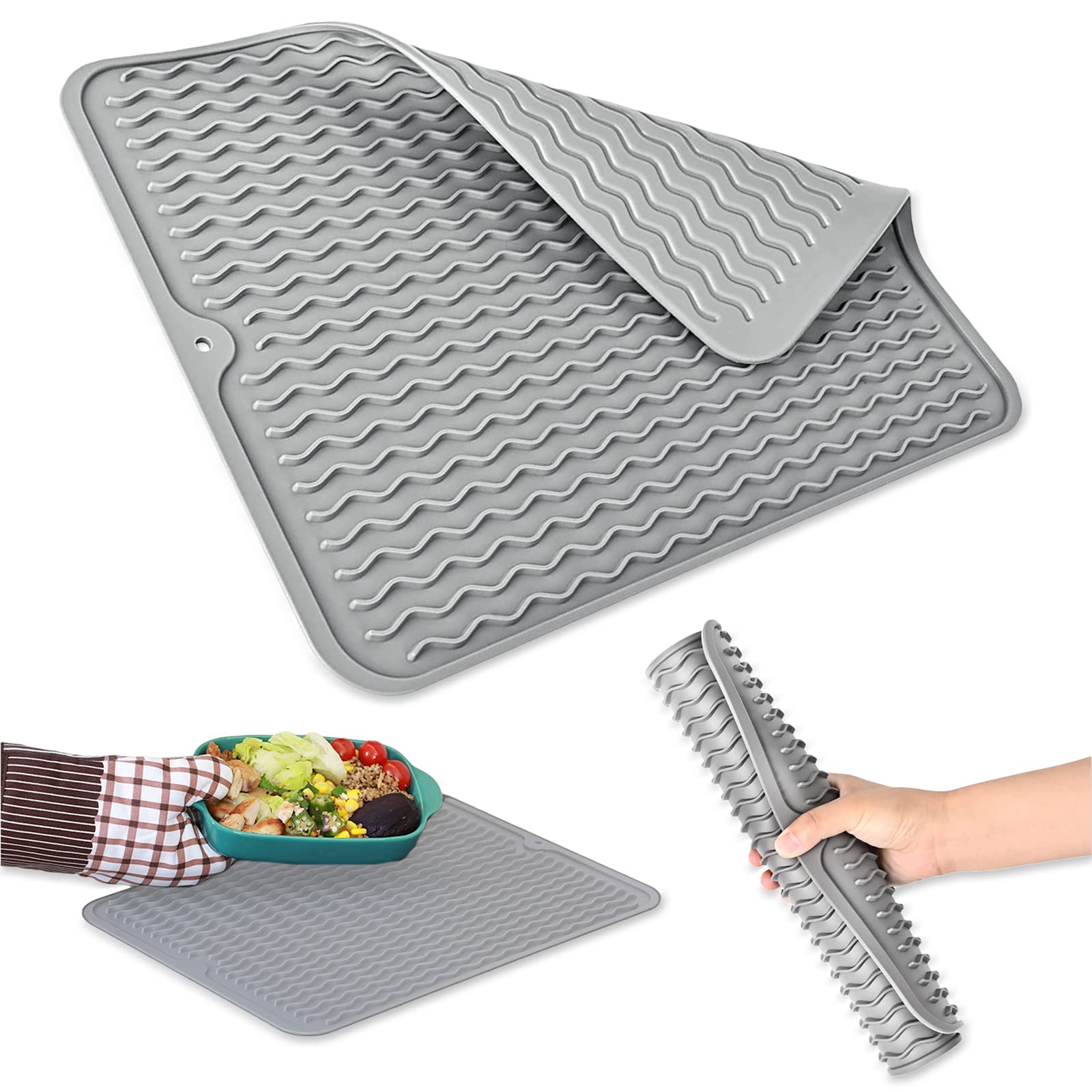 TAMESilicone Dish Drying Mat for Kitchen Counter- Eco Friendly Food Grade Silicone Drying Mat,Easy to Clean Heat Resistant Dish Mat Gray