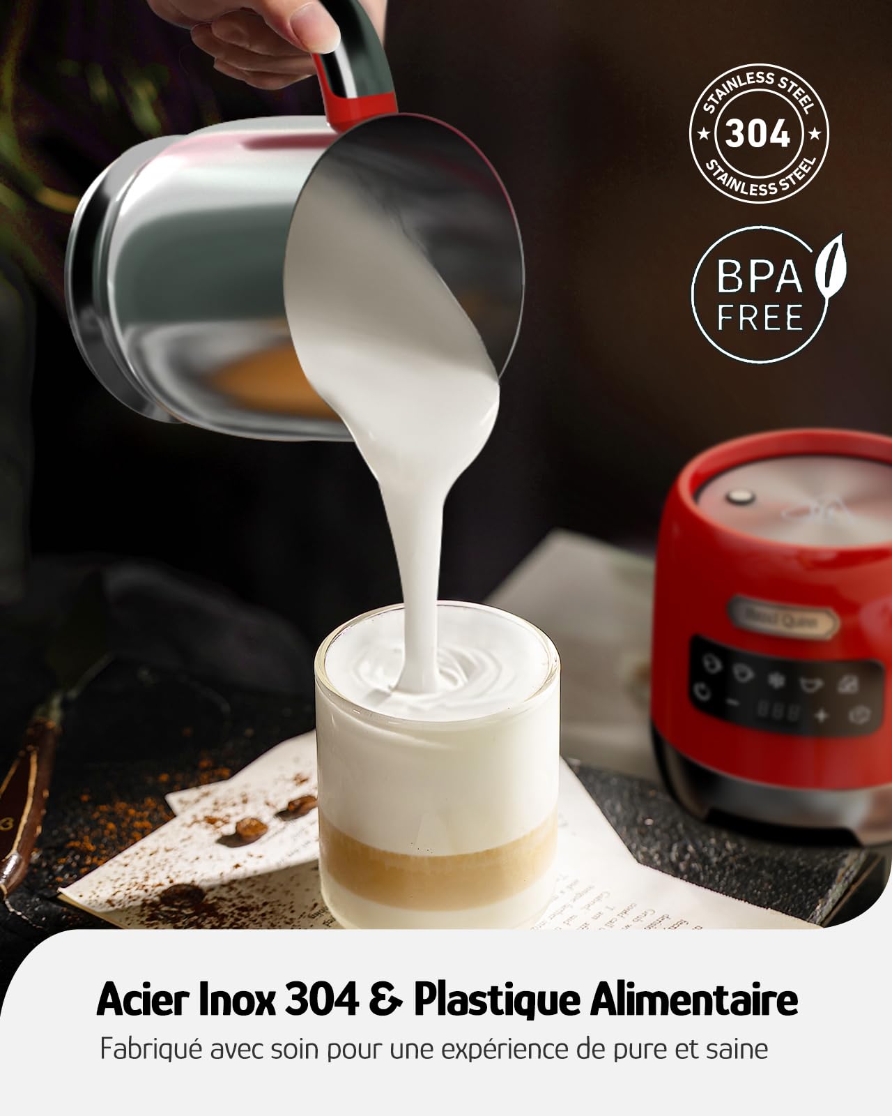Hazel Quinn Mousseur à Lait Électrique en Acier Inoxydable, Multifonctionnel 5 en 1, Chauffe Lait Électrique, Machine à Chocolat Chaud, Contrôle Tactile LED, pour le Cappuccino, 400 ML, Rouge Rubis