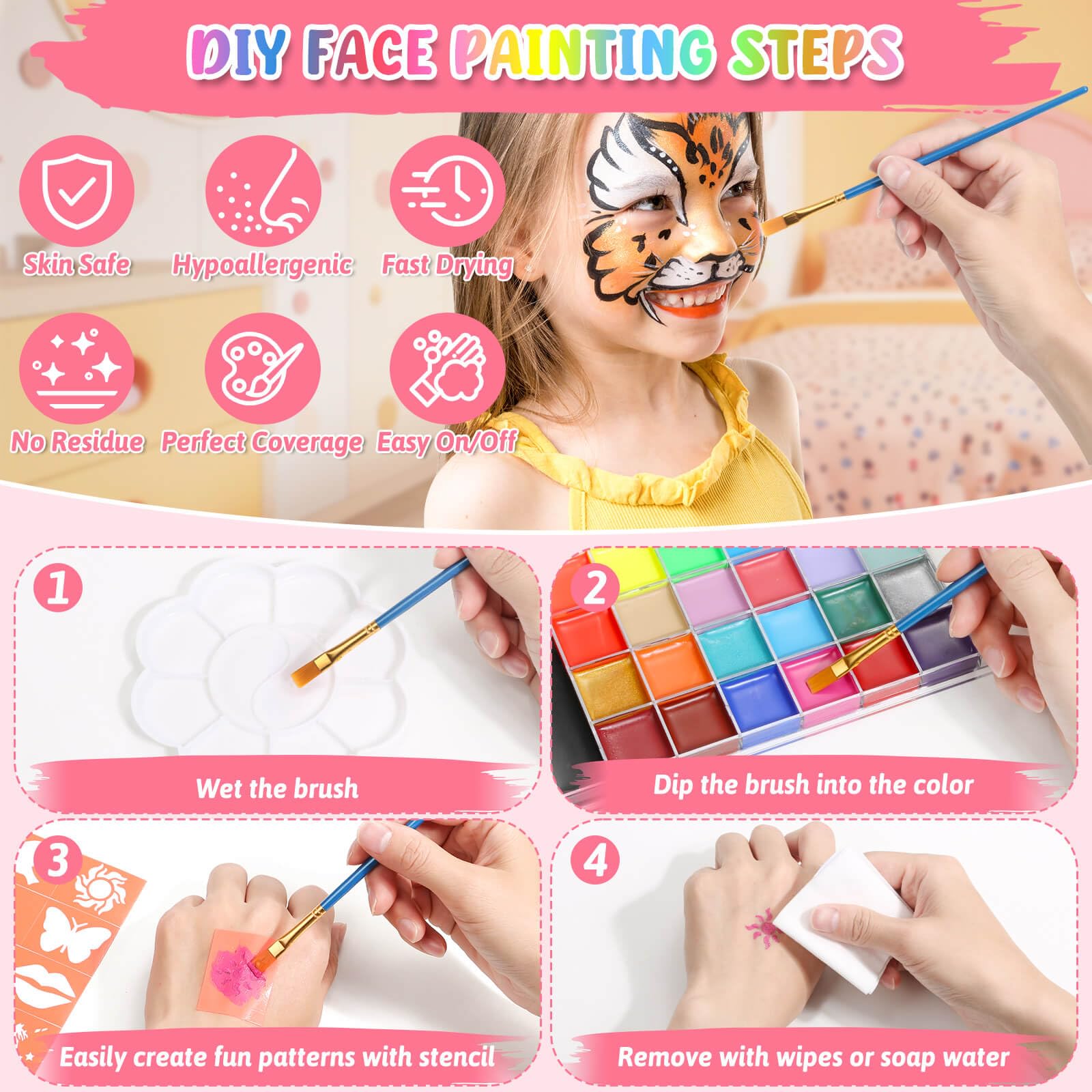 Kit profesional de pintura facial, paleta de aceite de 26 colores con 6 plantillas, 41 calcomanías de plantilla, 10 pinceles, 9 purpurina corporal, 2 hojas de gemas adhesivas, pintura facial arcoíris 6