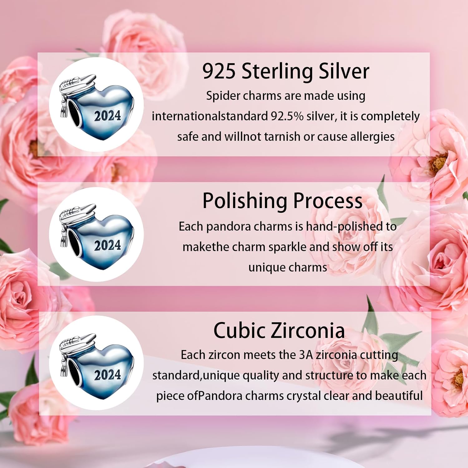 925 Sterling Silver, Graduation Series 2024 Heart Charm Fit European Bracelet Make Fashion Jewelry Gift for Women - Image 2