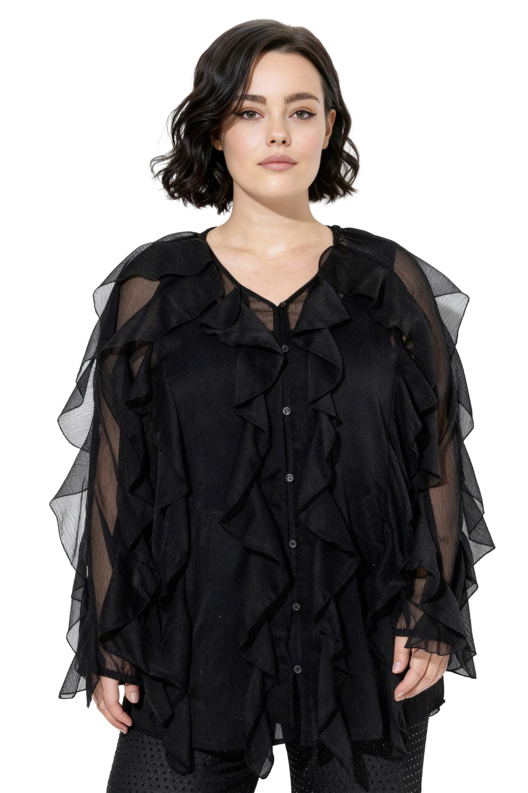 Ulla Popken Damen große Größen Übergrößen Plus Size Bluse, Volants, A-Linie, V-Ausschnitt, Langarm 848468