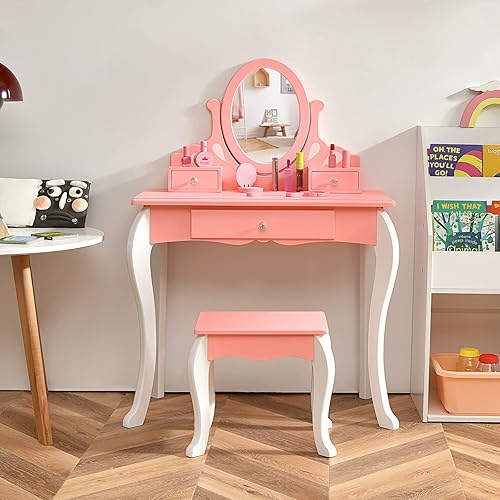 Miniatura 8 de HONEY JOY Juego de tocador y taburete para niños, juego de tocador para niños pequeños con 3 cajones, espejo ovalado giratorio de 360°, tocador de