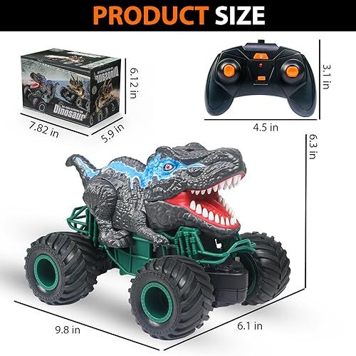 Miniatura 9 de ZDCZ Auto de dinosaurio a control remoto, 2.4 GHz RC Monster Truck Juguetes para niños, juguetes de dinosaurio RC con luz, sonido y aerosol,