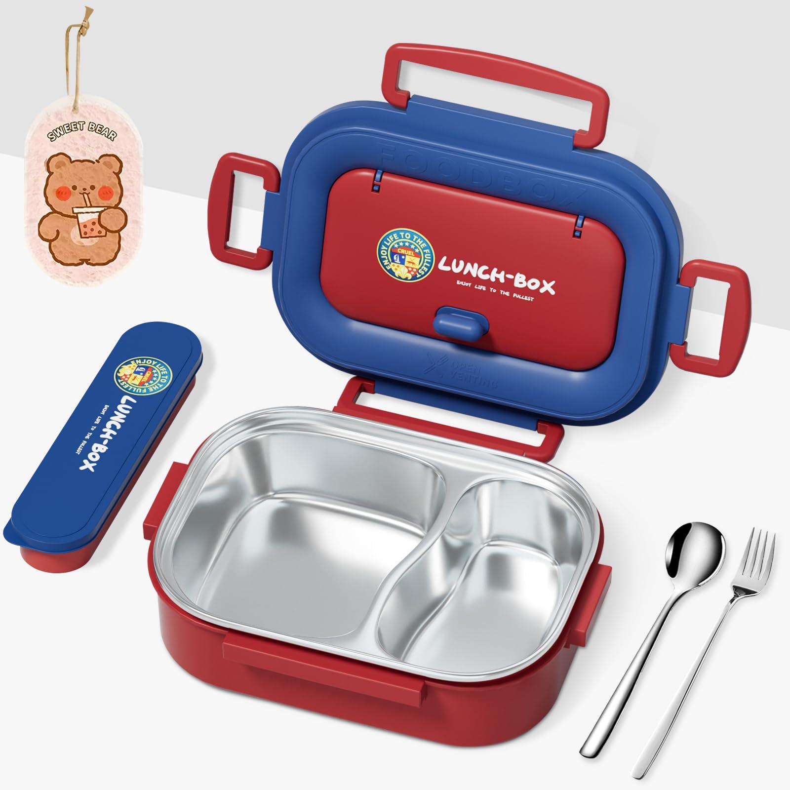Contenitore per il pranzo per adulti, in acciaio inox, per bambini, con scomparti, Porta Pranzo Campus - Porta Pranzo Bento per Bambini - Scomparto Bento e Forchetta - 1200 ml