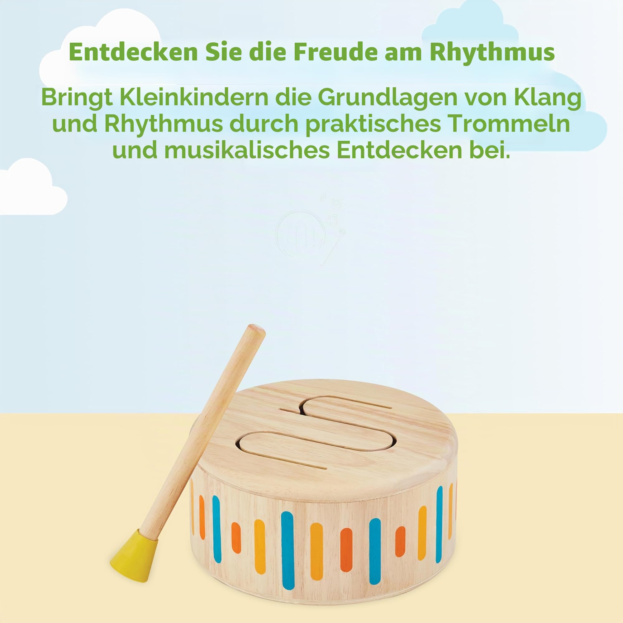 PlanToys Schlagzeug Kinder - Trommel Kinder - Musik Spielzeug ab 1 Jahr - Kindertrommel aus Holz - Kinderschlagzeug inkl. Trommelstock mit Gummikopf -Beige (Beige)