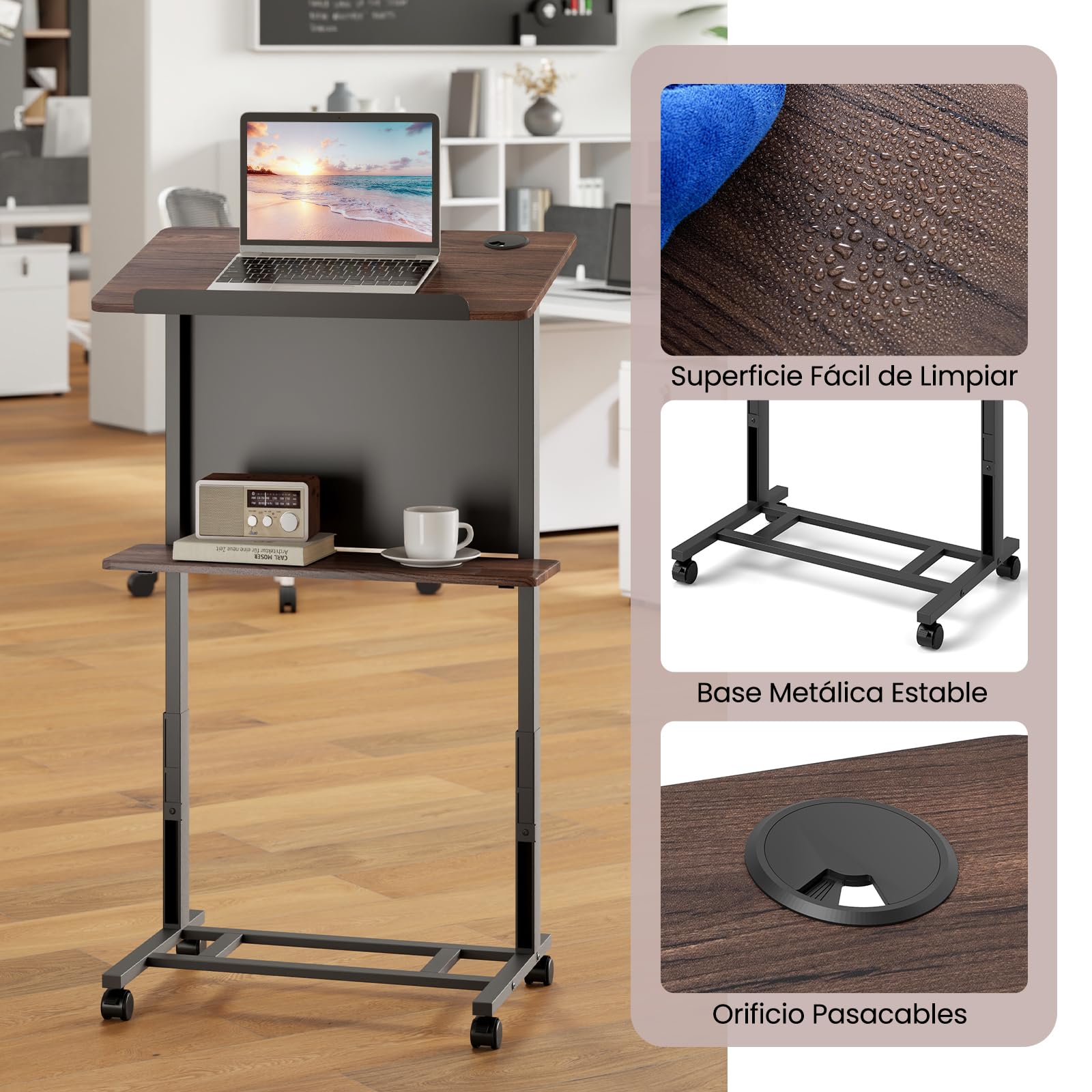 GIANTEX Atril de Conferencia con Altura Ajustable 103-125 cm, Soporte para Ordenador Portátil con 4 Ruedas y Mesa Inclinable, Mesa de Ordenador 70 x 42 cm con Estante, para Aula, Iglesia, Conferencia