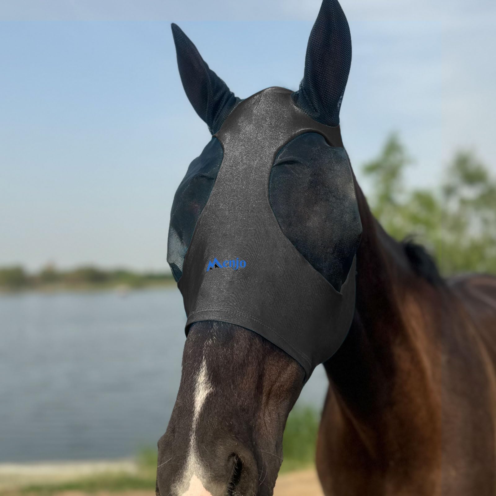Black Menjo Outdoors Elastic Horse Fly Mask with Ears. for Cobs, Arabians, Most Morgans and Some Quarter Horses. Small-Headed Horses, Horses Under 15 Hands high