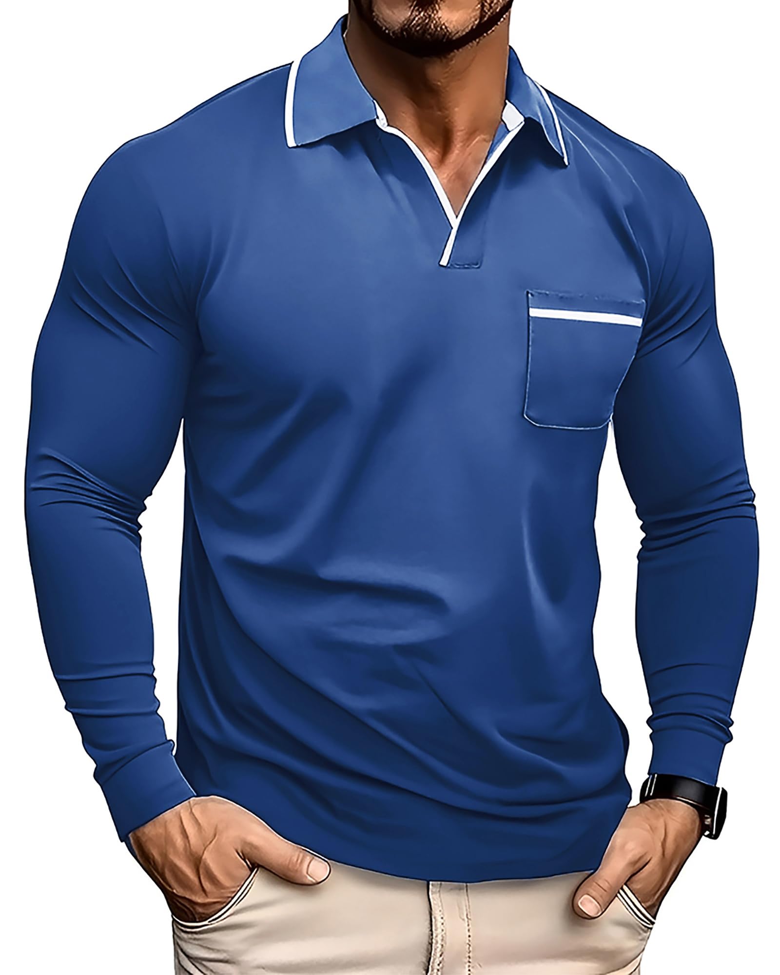 PRIVIMIX Poloshirts Herren Kurzarm/Langarm mit Brusttasche - V-Ausschnitt Einfaches T-Shirt für Alltag & Sport, M-3XL