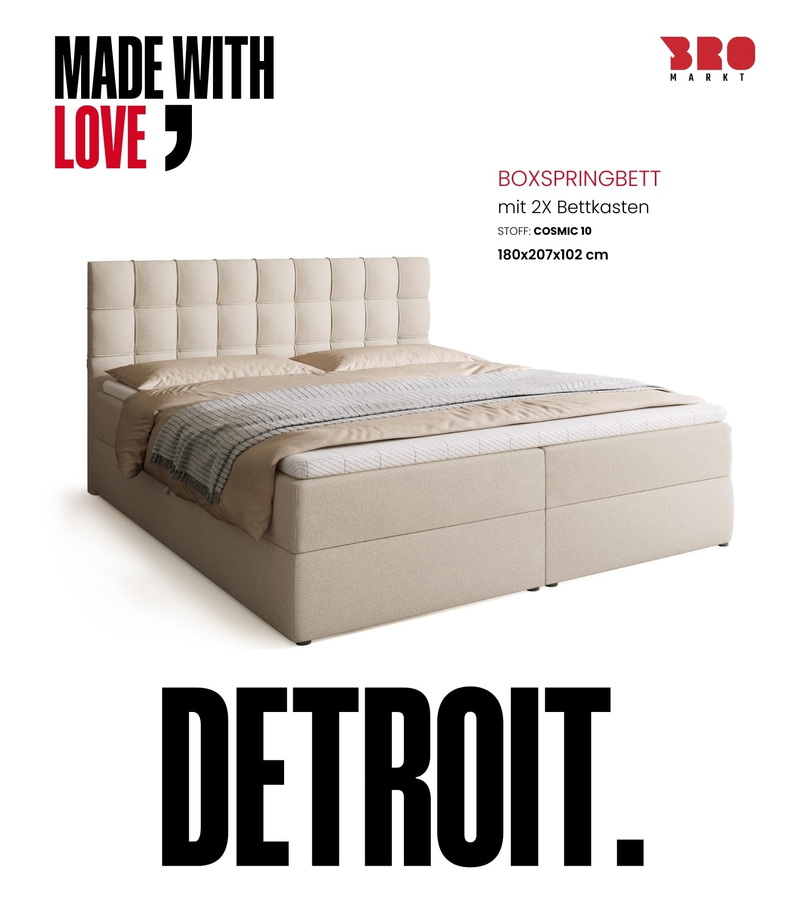BROMARKT Boxspringbett 180x200cm mit Topper und Bettkasten H3 Beige | Doppelbett für Schlafzimmer mit Bonell Matratze Stauraum und gepolsterte Kopfstütze Bett Bed Einzelbett Federkern DETROIT