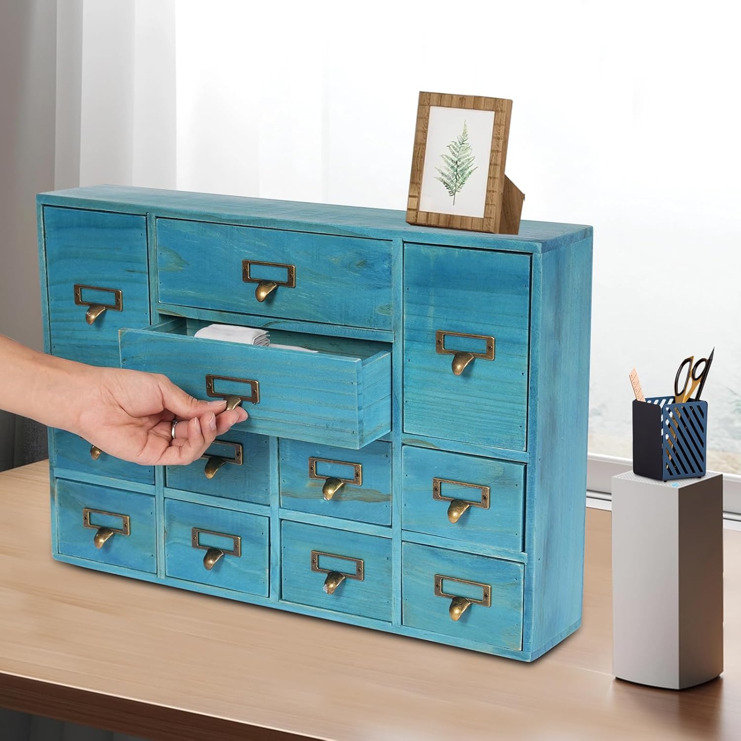 12 Drawers Apothecary Cabinet Mini Chest with Metal Handles and Label Slot, Vintage Wood Desktop Drawer Organizer Storage Box for Home Office (Blue)
