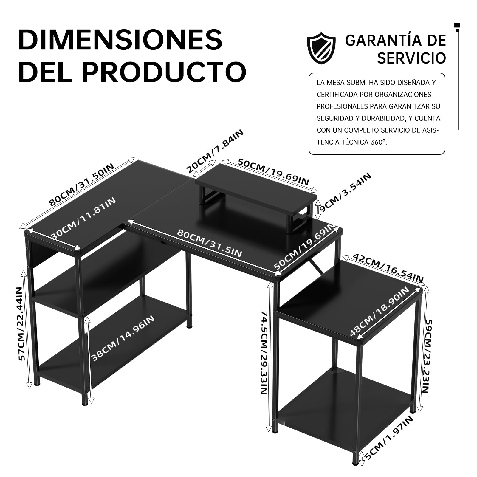 Escritorio Esquinero, 152x80cm Mesa Escritorio en L con Monitor Stand, Escritorios Esquina Reversible con Almacenamiento para Oficina en Casa, Altura Regulable Escritorios Gaming, Negro