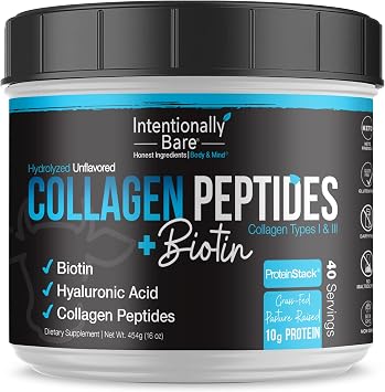Intentionally Bare Grass Fed Hydrolyzed Collagen Peptides Powder - Bovine Collagen Powder with Biotin, Hyaluronic Acid, Vitamin C & Zinc - Peptides I & III 10g Protein -Unflavored - 40 Servings