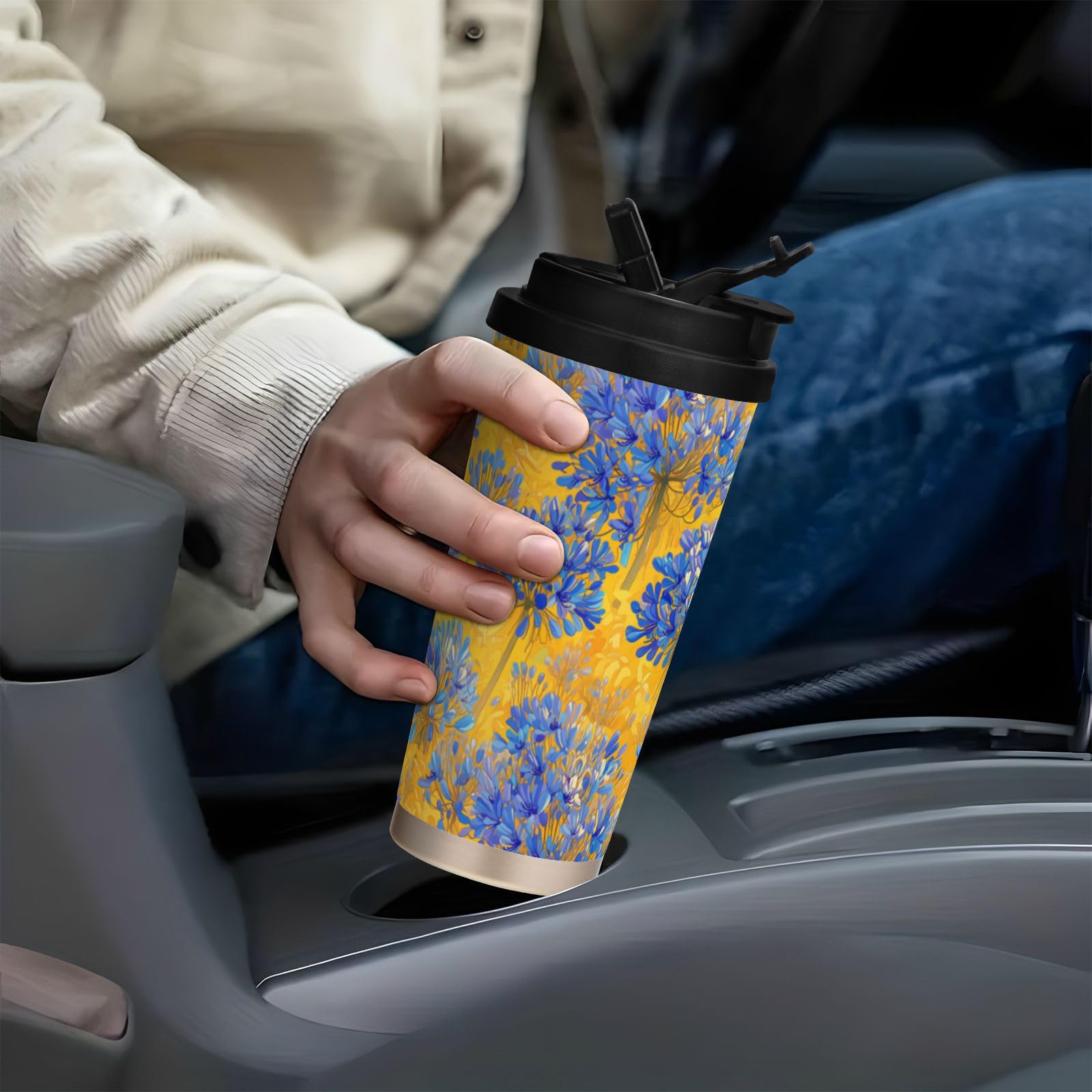 linqin Vasos de viaje de flores azules para mujer, taza de café con tapa, taza térmica de acero inoxidable para frío y calor, 17 onzas, a prueba de fugas