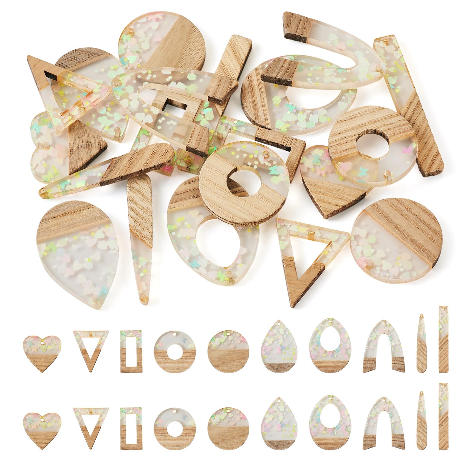 FASHEWELRY 20Pcs Resin Wood Pendants Heart Teardrop Arch Donut Geometric Wooden Charms for Bohemian Earrings Necklace Jewelry Making