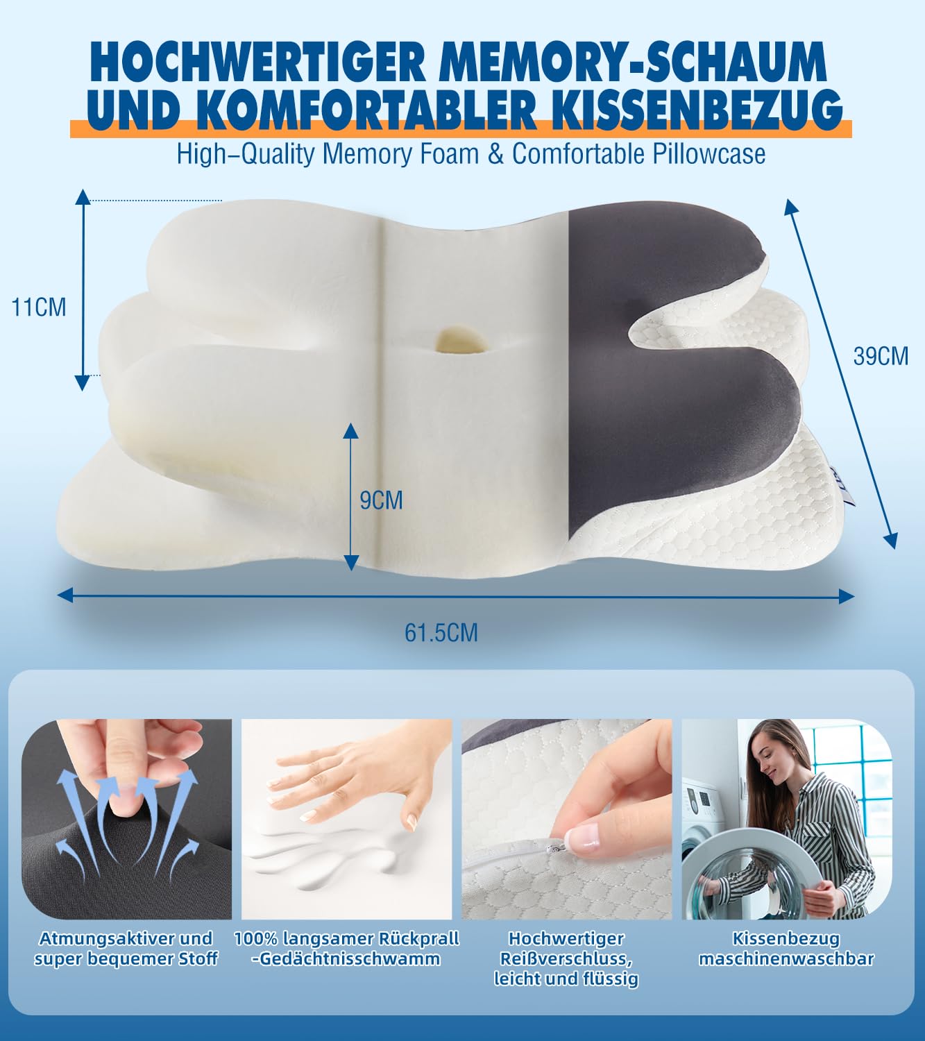 IDEA Almohada Cervical, Almohada Ergonómico de Espuma Viscoelastica, Almohada Ortopedica Espuma de Memoria, Almohada Cervicales y Cuello para Dormir de Lado y Boca Arriba, Memory Foam Pillow