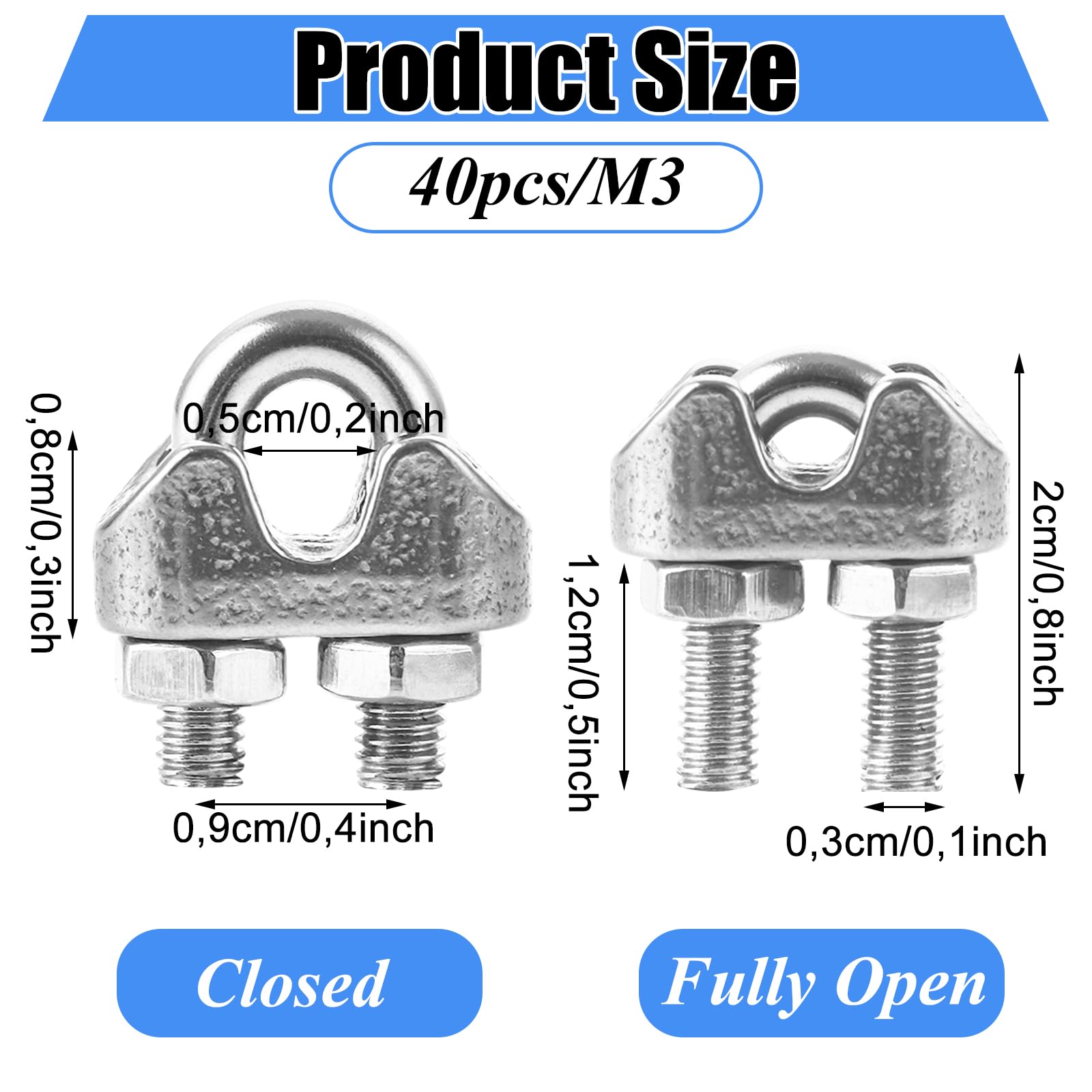 MIVIDE 40pcs Serre Cable Inox 3mm, Serre Cable Acier M3, 3mm Serre-Câbles Etrier U pour Câble Métallique, Fil, Corde