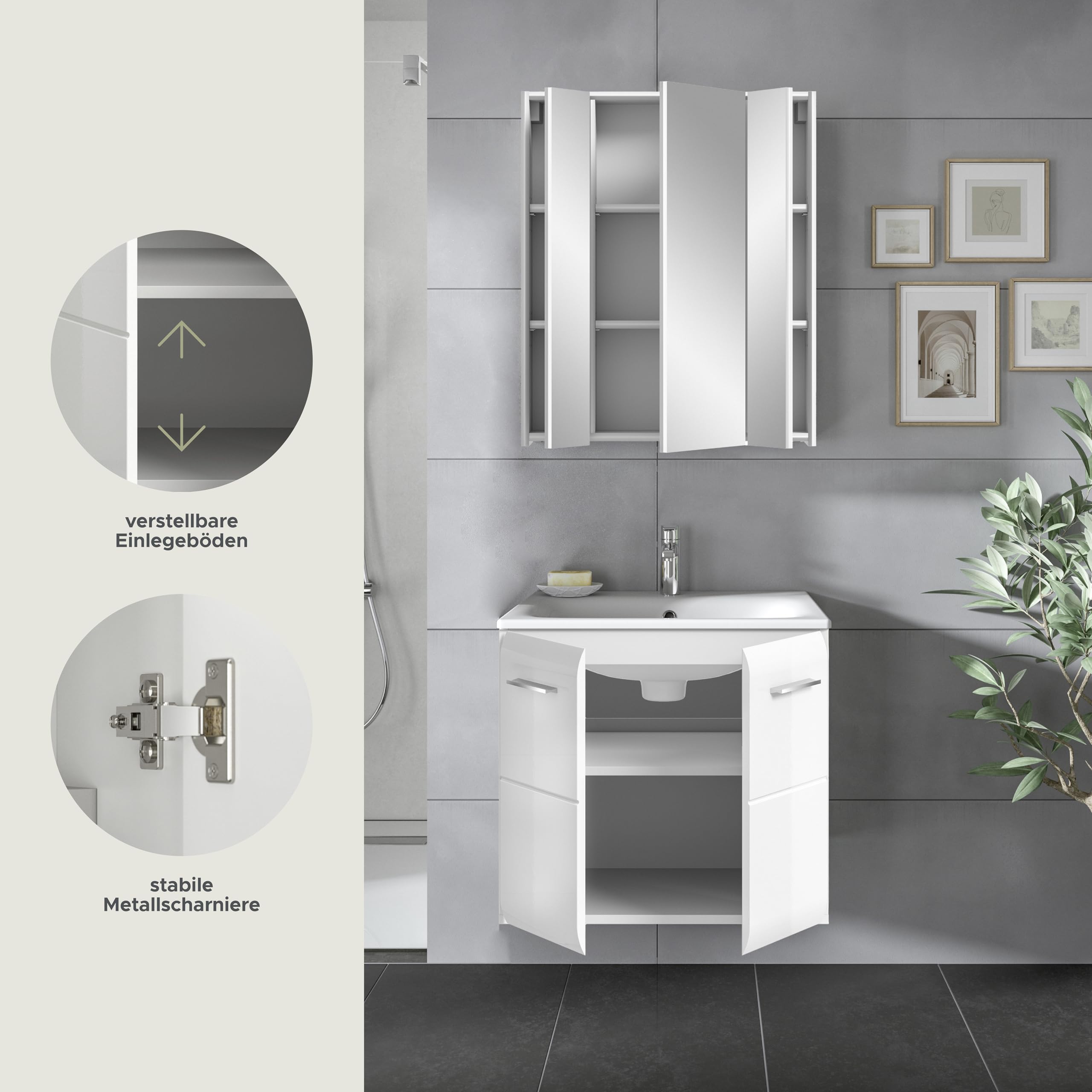 xonox.home – 2 TLG. Stilvolle Badmöbel-Kombination Ice 60x185x46 cm in Korpus weiß Nachbildung und Front weiß Hochglanz – modernes Set für Dein Bad – edel & leicht zu reinigen – Bild 8