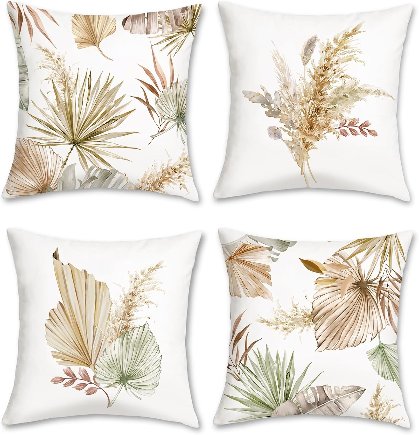 Bonhause Boho Leaves Throw Pillow Covers 18 x 18 Inch Tan Palm Leaf Floral