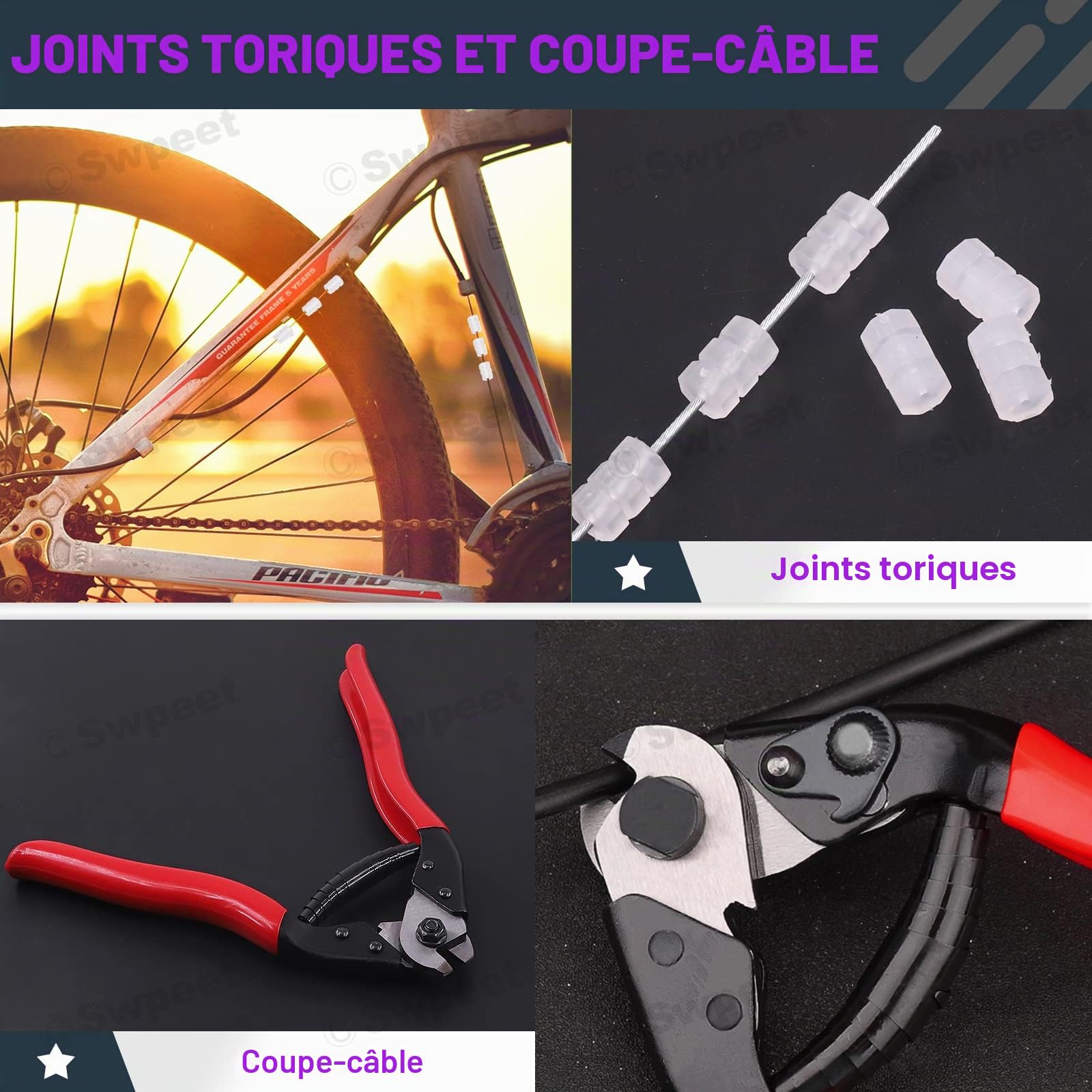 Swpeet Kit de 83 pièces en acier inoxydable avec coupe-câble et gaine, embouts, câbles de frein et de dérailleur, joints toriques pour vélo de montagne et de route