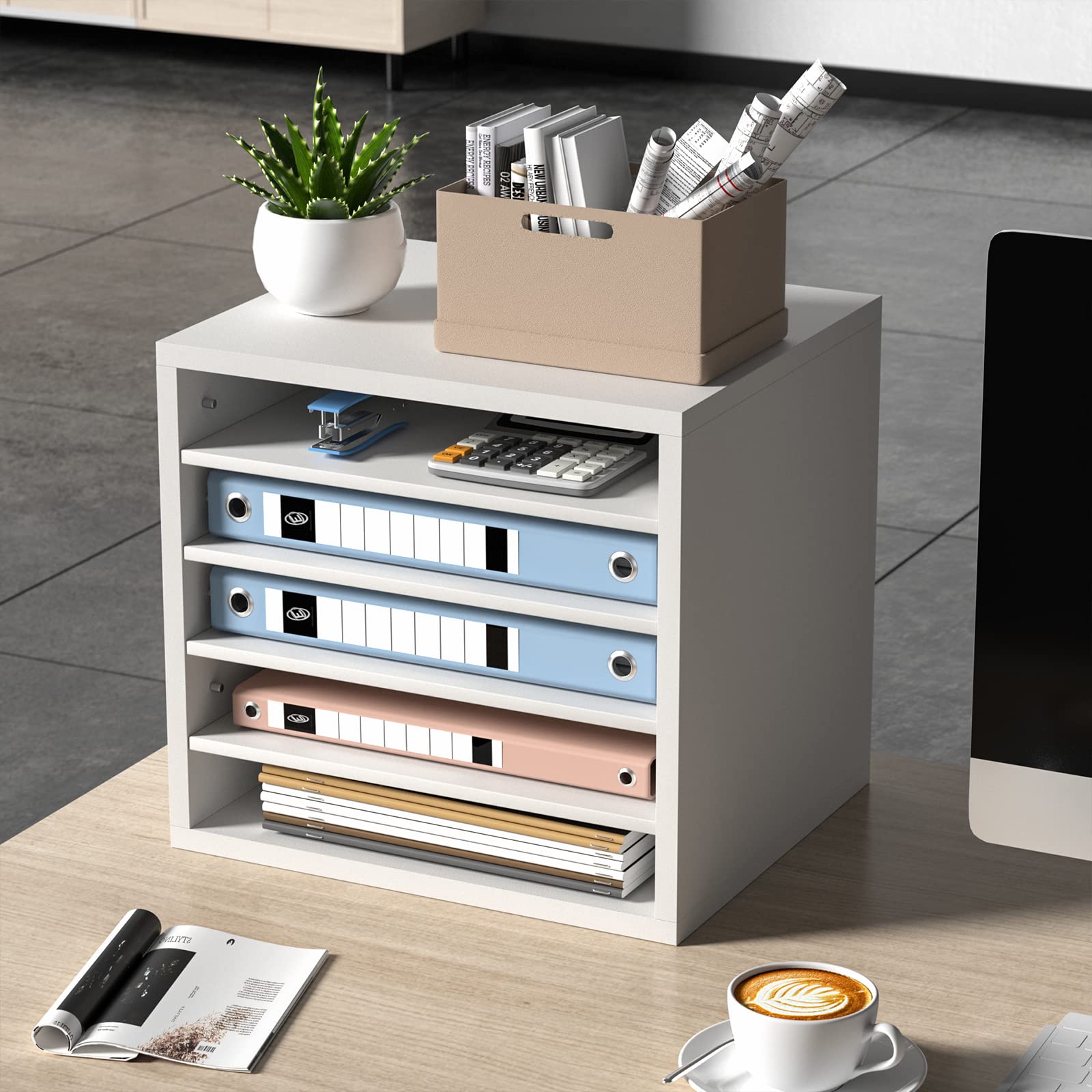 VEVOR Organizador de Literatura de madera Aglomerado Estante de Almacenamiento de Documentos de 5 Compartimentos 35,5x30,5x33 cm Clasificador de Literatura con Estantes Ajustables para Oficina, Blanco