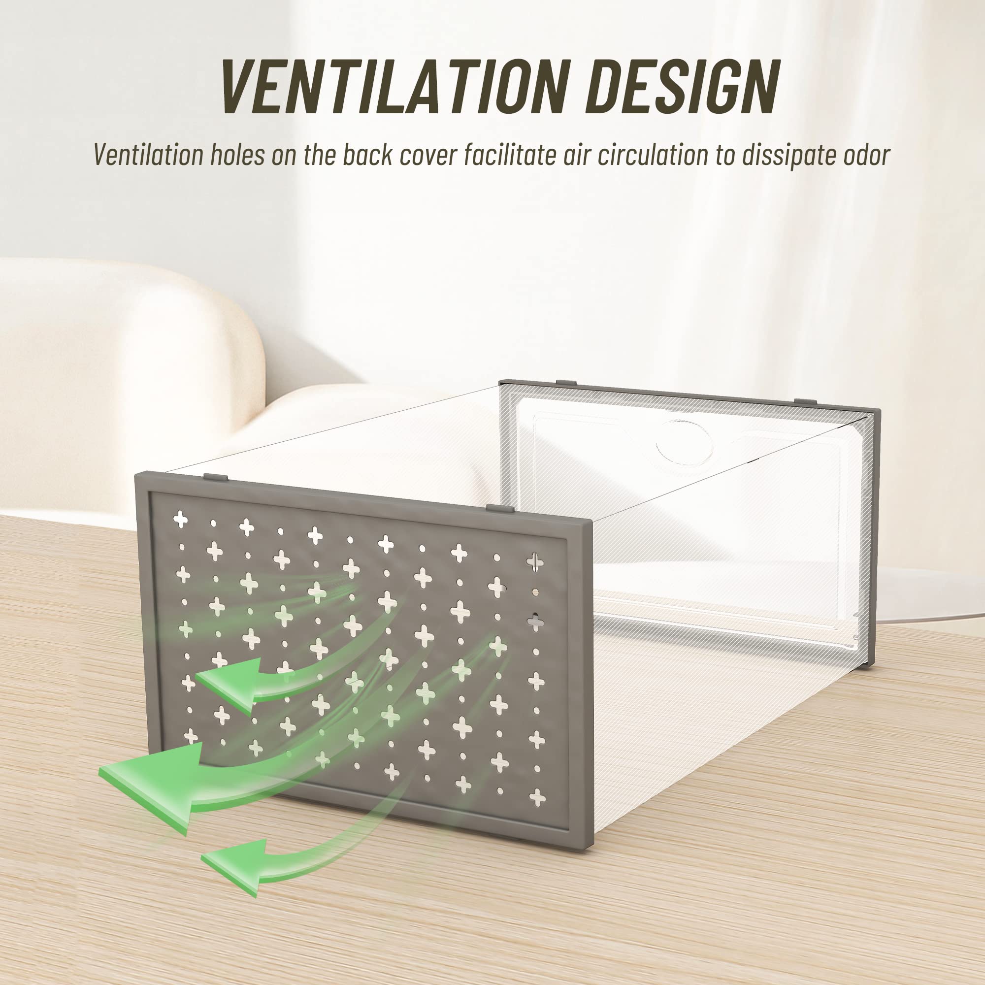 Pinkpum Shoe Storage Boxes 12 Pack,Shoe Storage Organizer for Closet,Clear Plastic Shoe Boxes Stackable,Foldable Shoe Storage Containers with Lids Grey