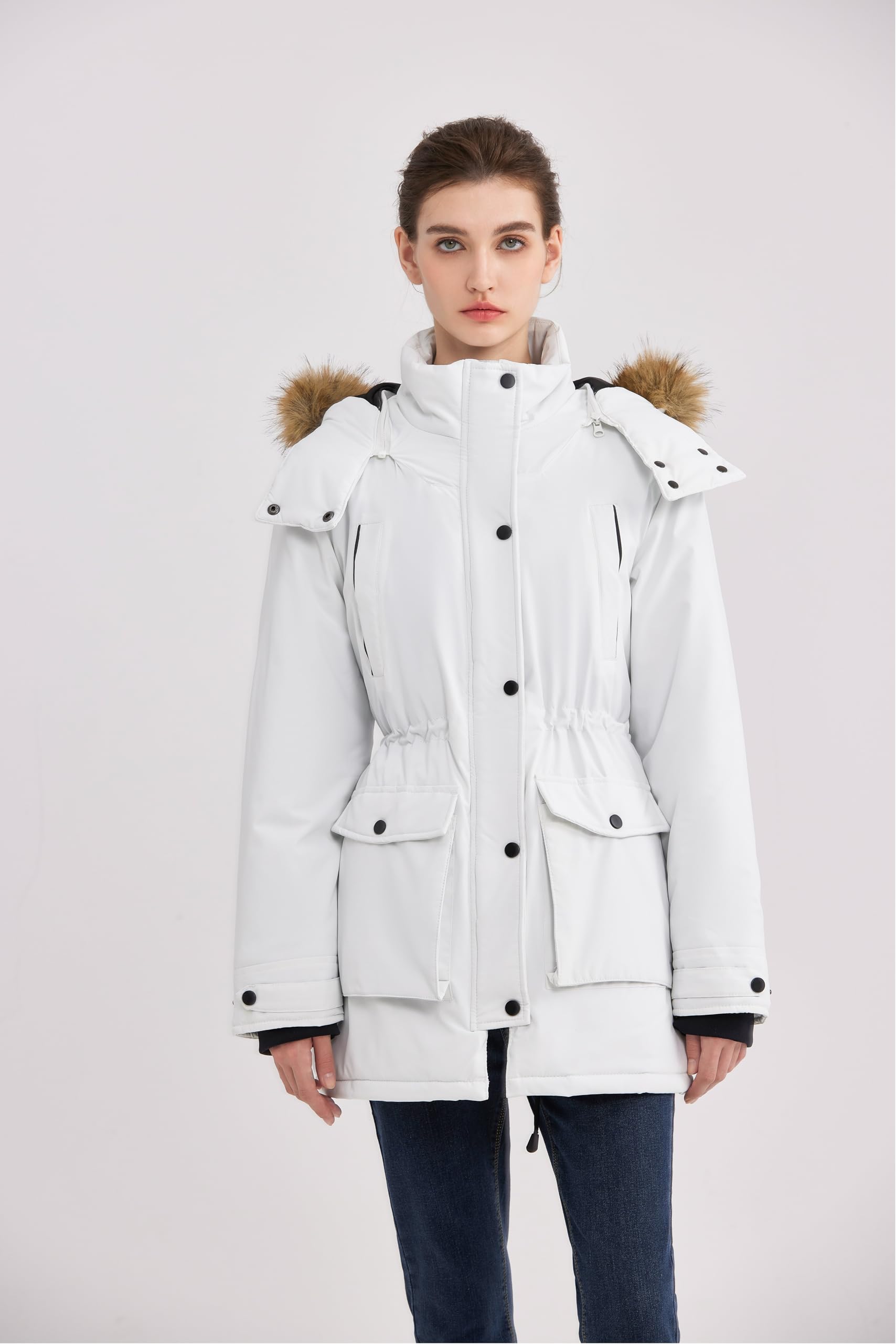 Veste Chauffante Femme avec Batterie 18400mAh 12V, Batterie Veste Chauffante, Parka Femme Vestes avec Capuche Amovible pour Extérieur
