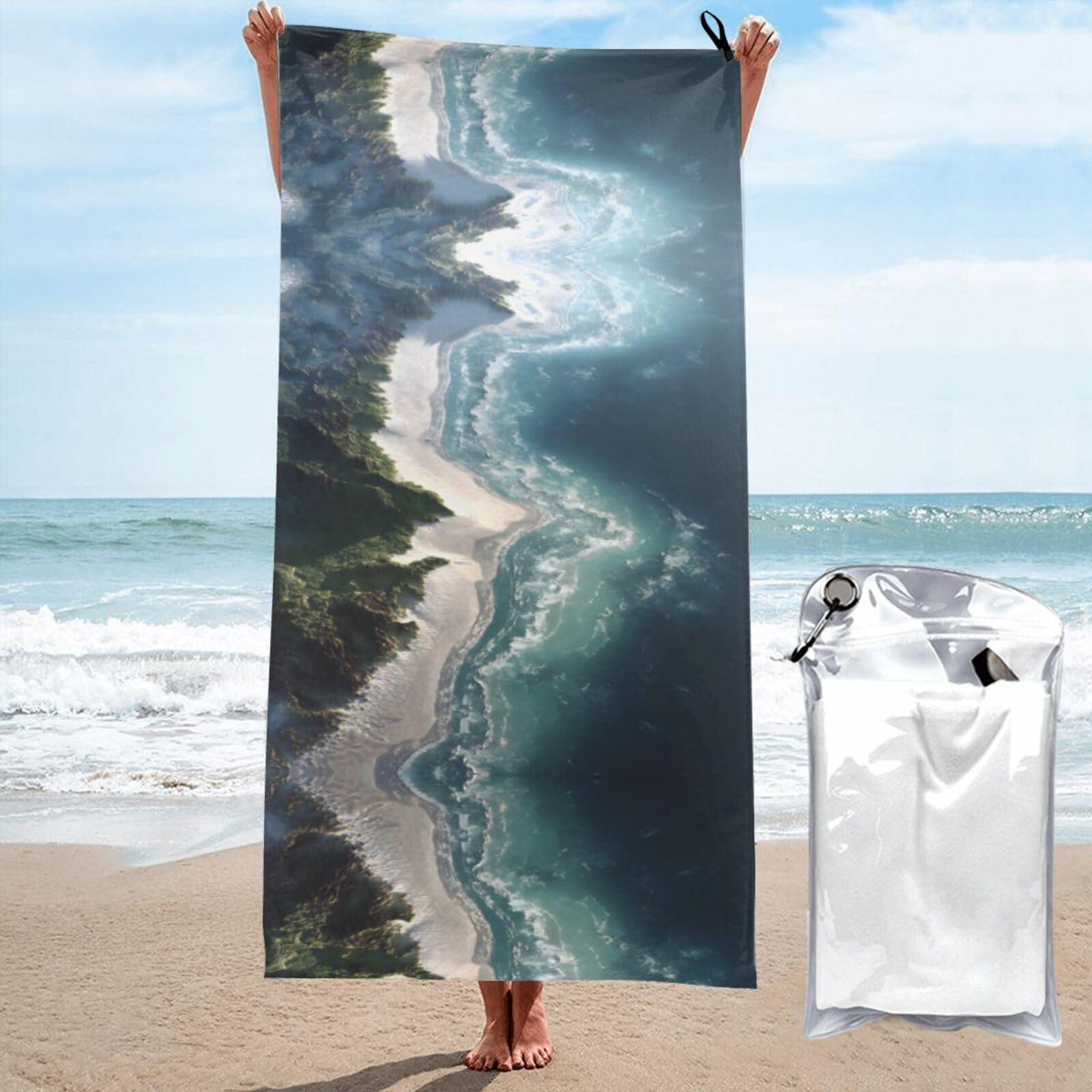 ESNAIUVCD Coastline Print Beach Towel, Microfibre Sauna Towel, Quick-Drying Fitness Towel, Lightweight And Thin Portable Sauna Towel