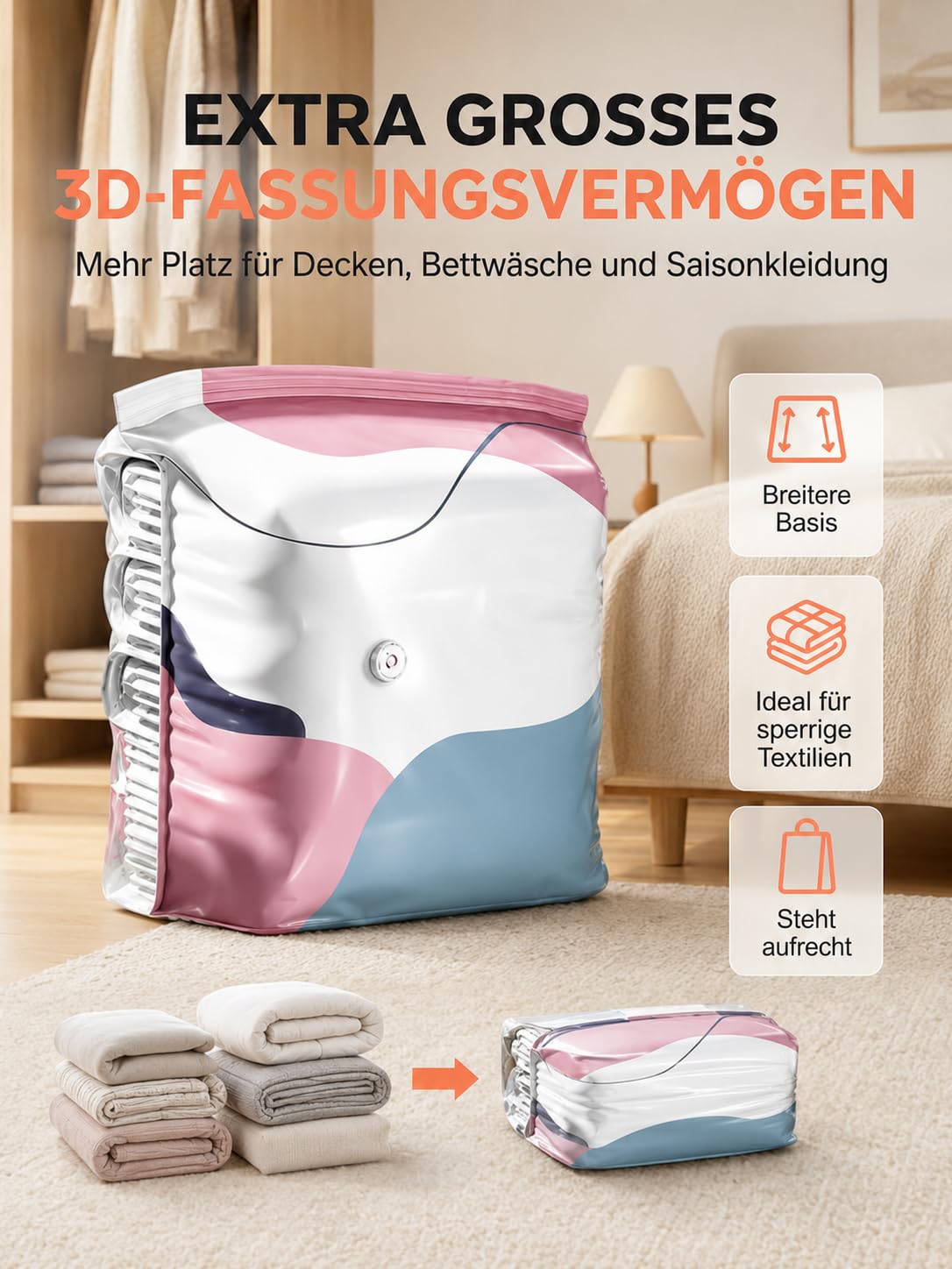 Vakuumbeutel Ohne Pumpe,No-Pump Large Vacuum Storage Compression Bags, für Bettdecken Kleidung Clothing，6pcs：100x80x30cm