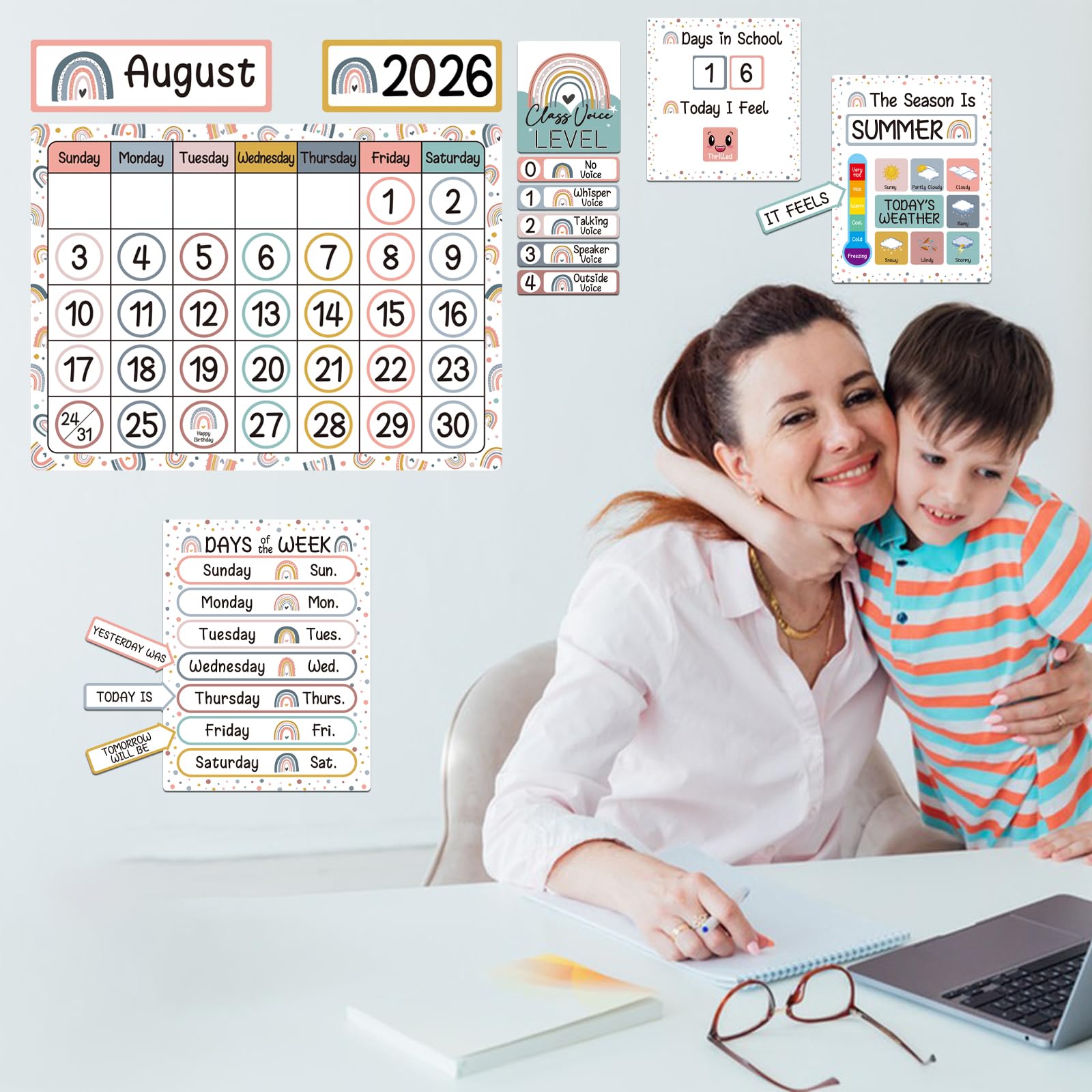 BelleAngle Calendario de arco iris, tablón de anuncios, calendario de estaciones, tabla meteorológica para decoración de pared de aula escolar