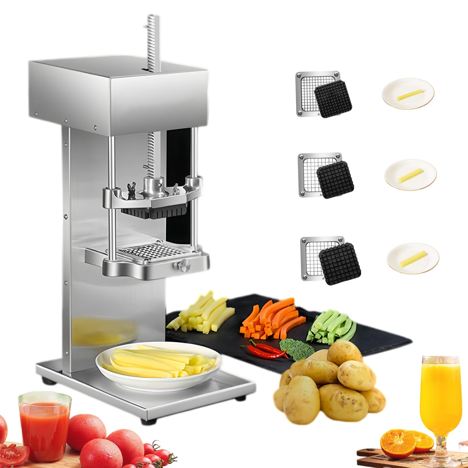 Exprimidor eléctrico de cítricos y cortador de papas fritas, Prensa exprimidora comercial y picadora de verduras 2 en 1 con 3 cuchillas de corte en dados para papas, zanahorias, limones y naranjas