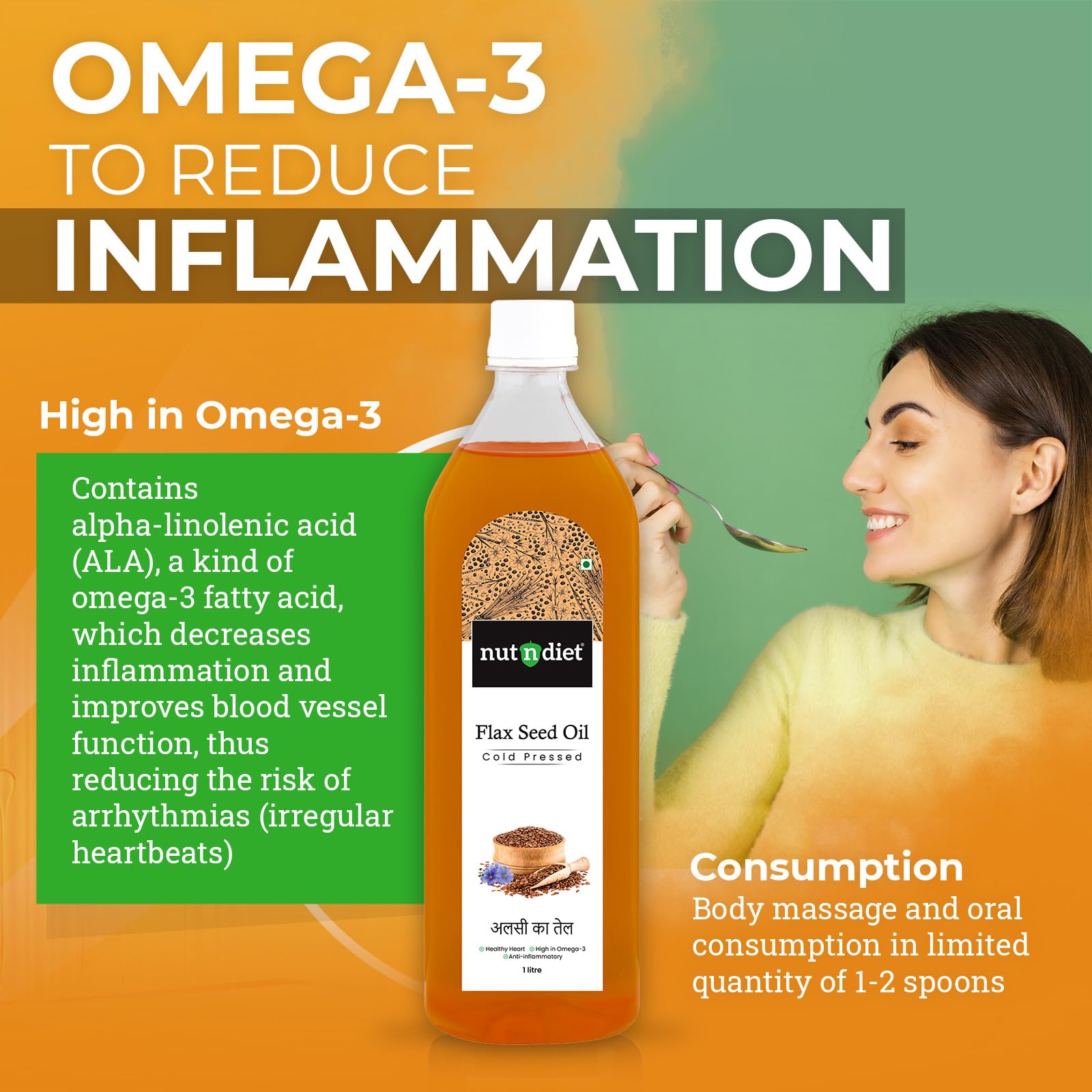 nutndiet Cold Pressed Flaxseed Unrefined Oil 100ml Glass Bottle | Alsi Ka Tel | Pure Omega 3-Rich for Heart Health & Immunity | Multipurpose Oil - Image 6 thumbnail