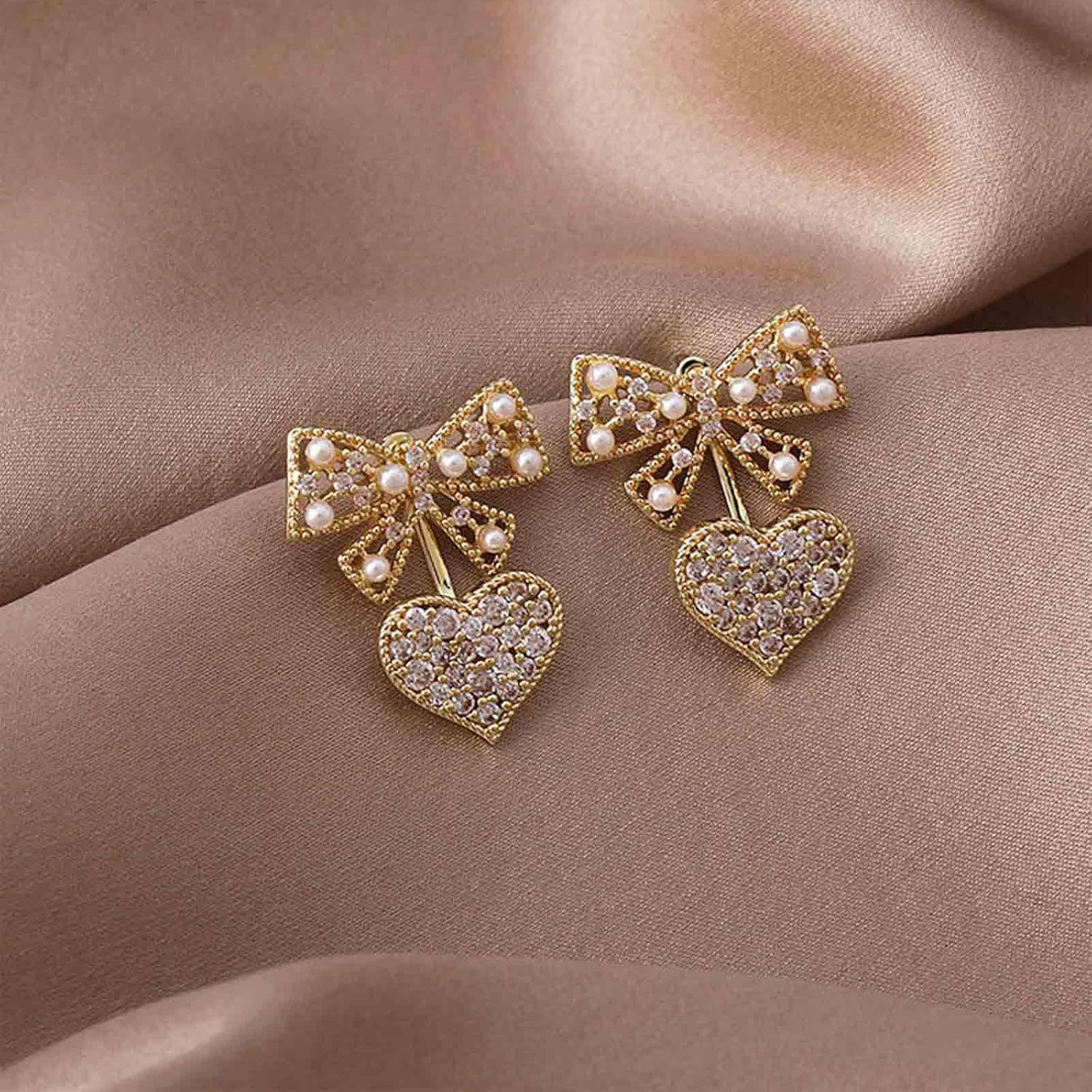 W WEILIRIAN Boho Crystal Heart Jacket Earrings for Teen Pearl Bow Earrings Gold Bow Stud Earrings Love Heart Dangle Earrings Two Ways Front Back Earrings Jewelry for Women - Image 4