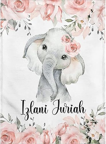 NAZENTI Manta de bebé personalizada para niña, manta de bebé personalizada con nombre, manta de nombre de bebé con elefante floral, manta