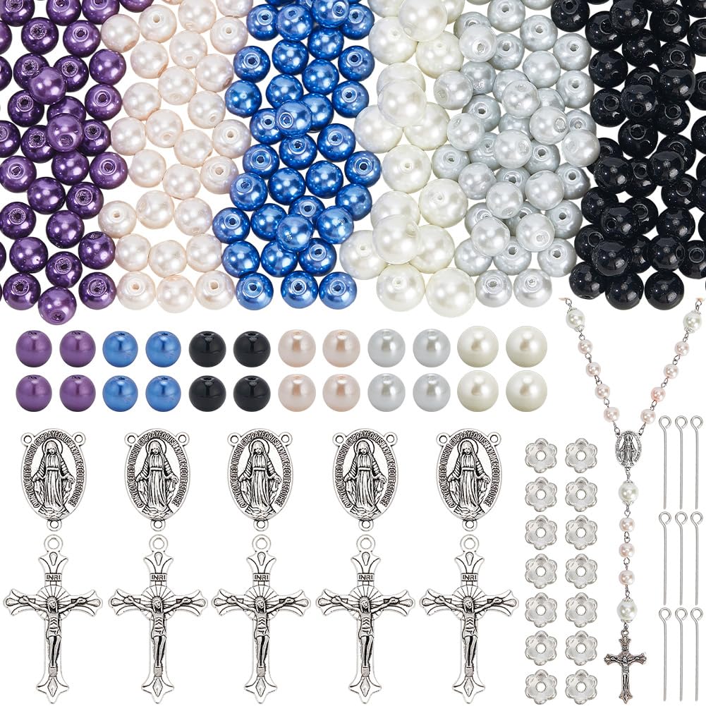 SUNNYCLUE 700Pcs Rosary Making Kits Crucifix Charms Rosary Crosses Easter Cross Pendants Oval Chandelier Link Charm Glass Pearl Beads for Jewellery Making Supplies DIY Necklace Bracelets Holiday