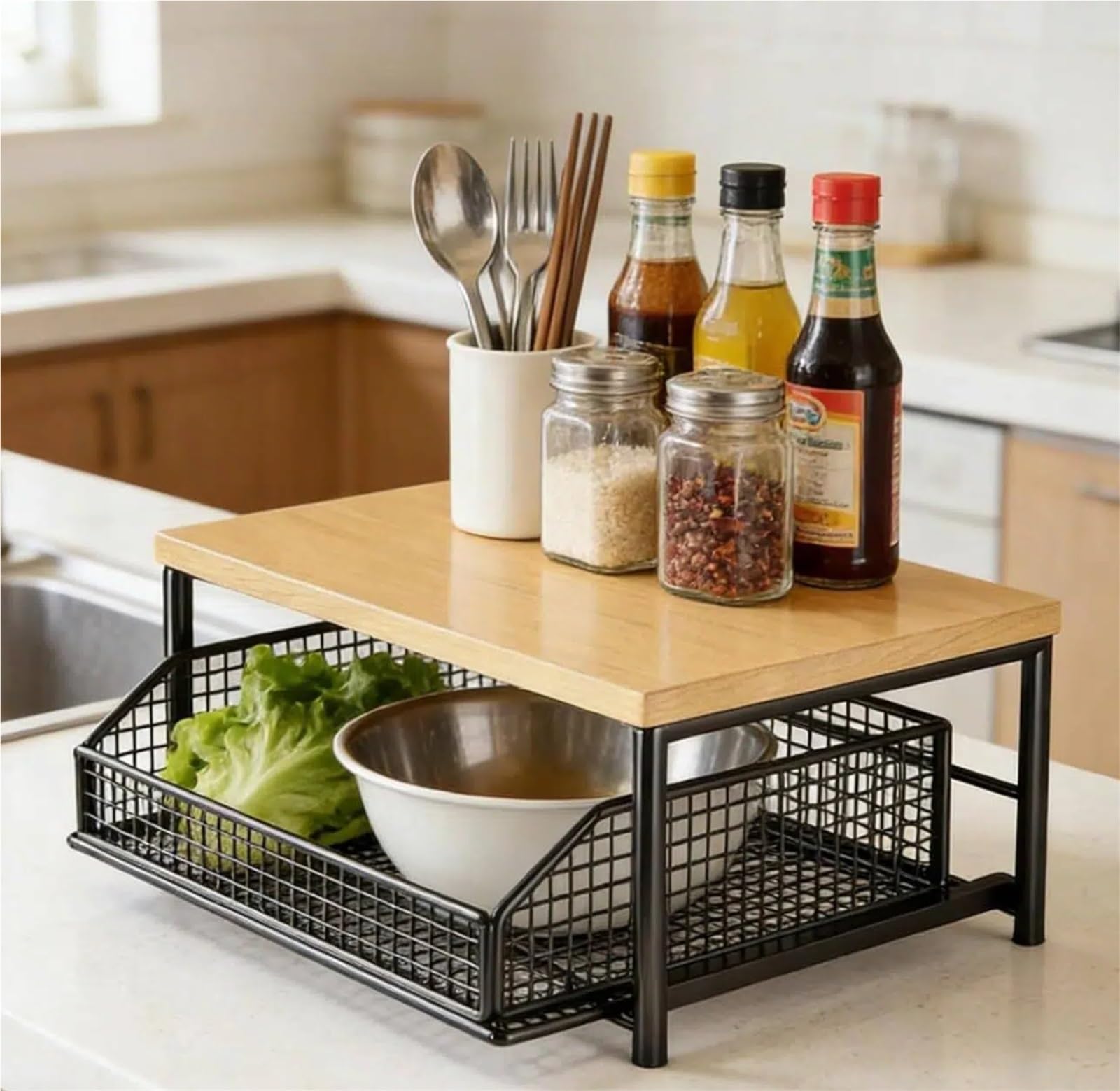 éTagèRe De Rangement pour Plan De Travail Organisateur de comptoir Cuisine avec tiroir et Panier métallique, ustensiles