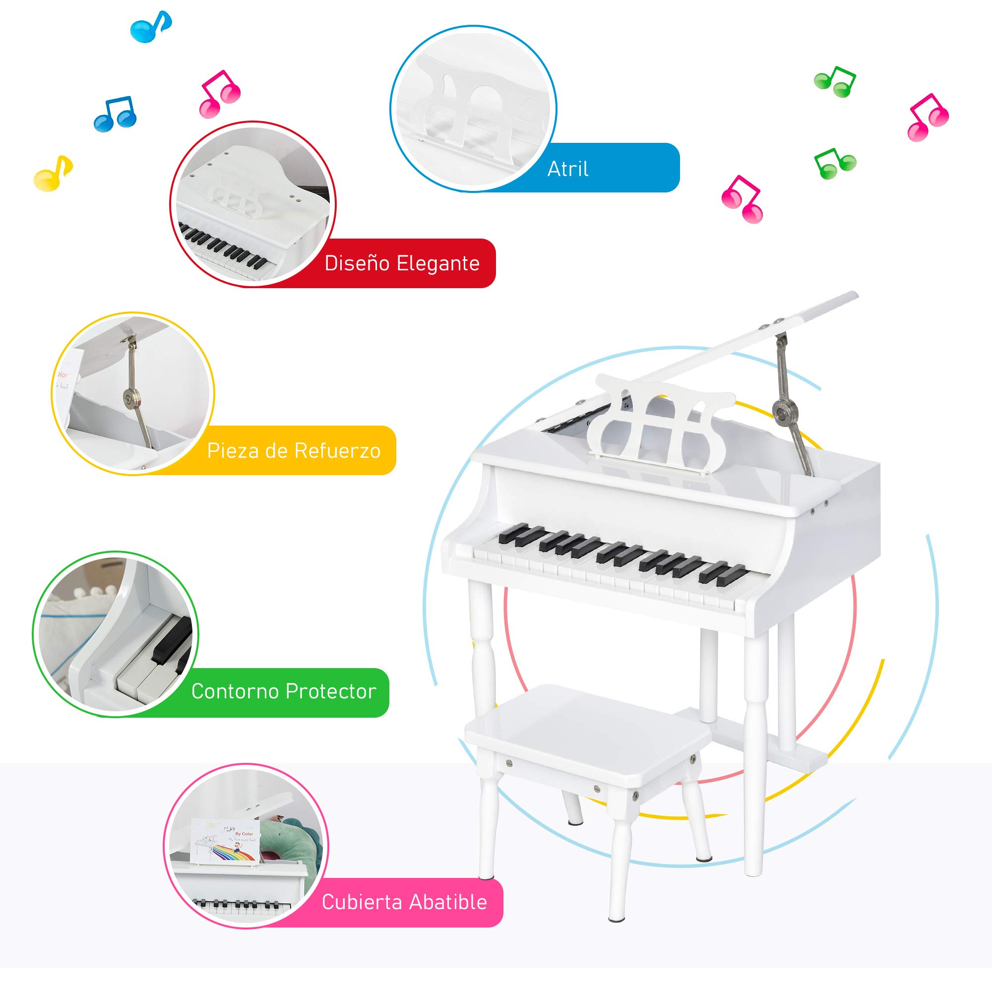 HOMCOM Piano de Cola Infantil con 30 Teclas para Niños 52x50x49 cm Blanco | de MDF, Taburete, Atril de Partituras, Instrumento Musical Didáctico