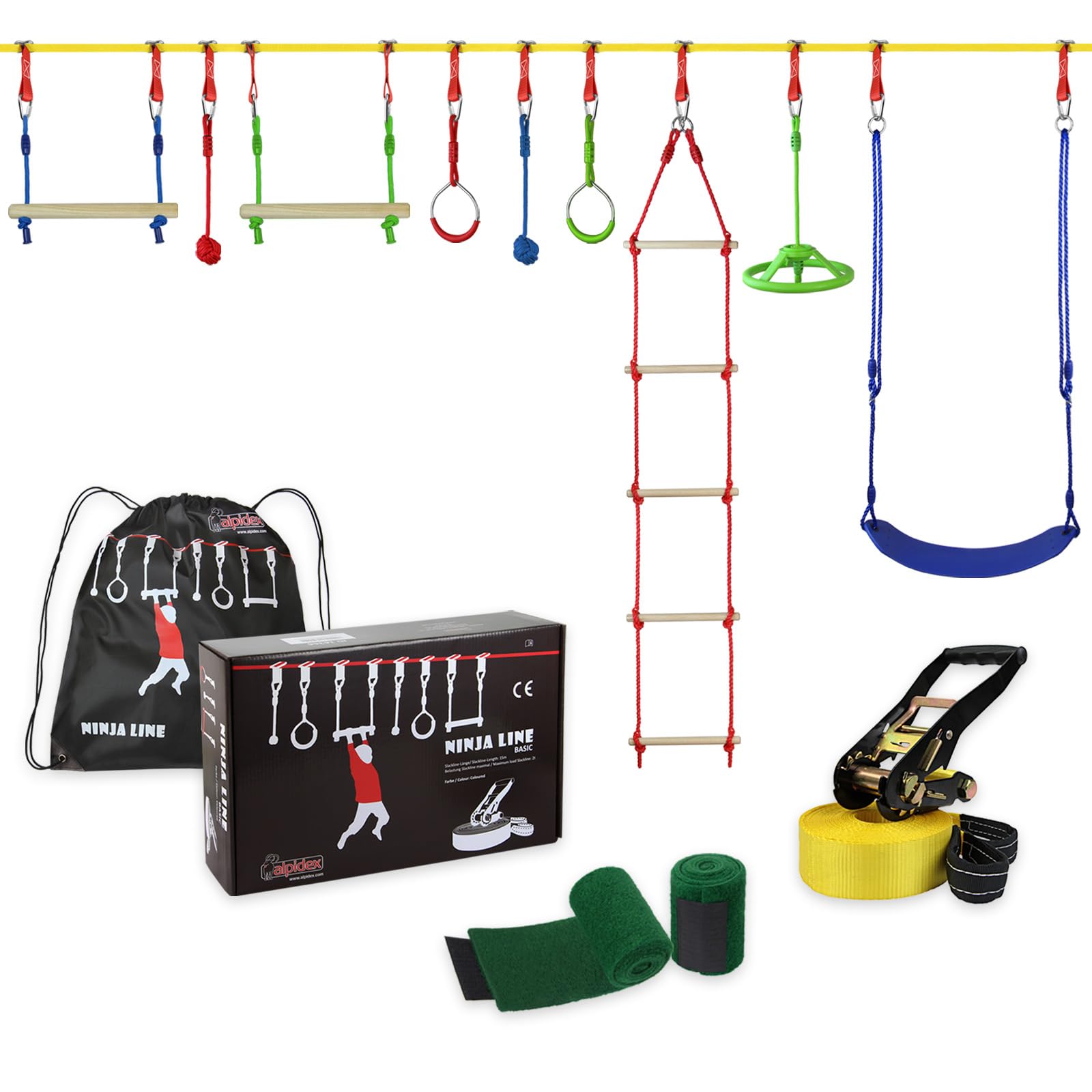 ALPIDEX Ninja Kids Slackline Obstacles Set Gymnastic Rings Rope Knots Swing Climbing Ladder Accessories Extendable Warrior Course, Stil:Max โ image 1