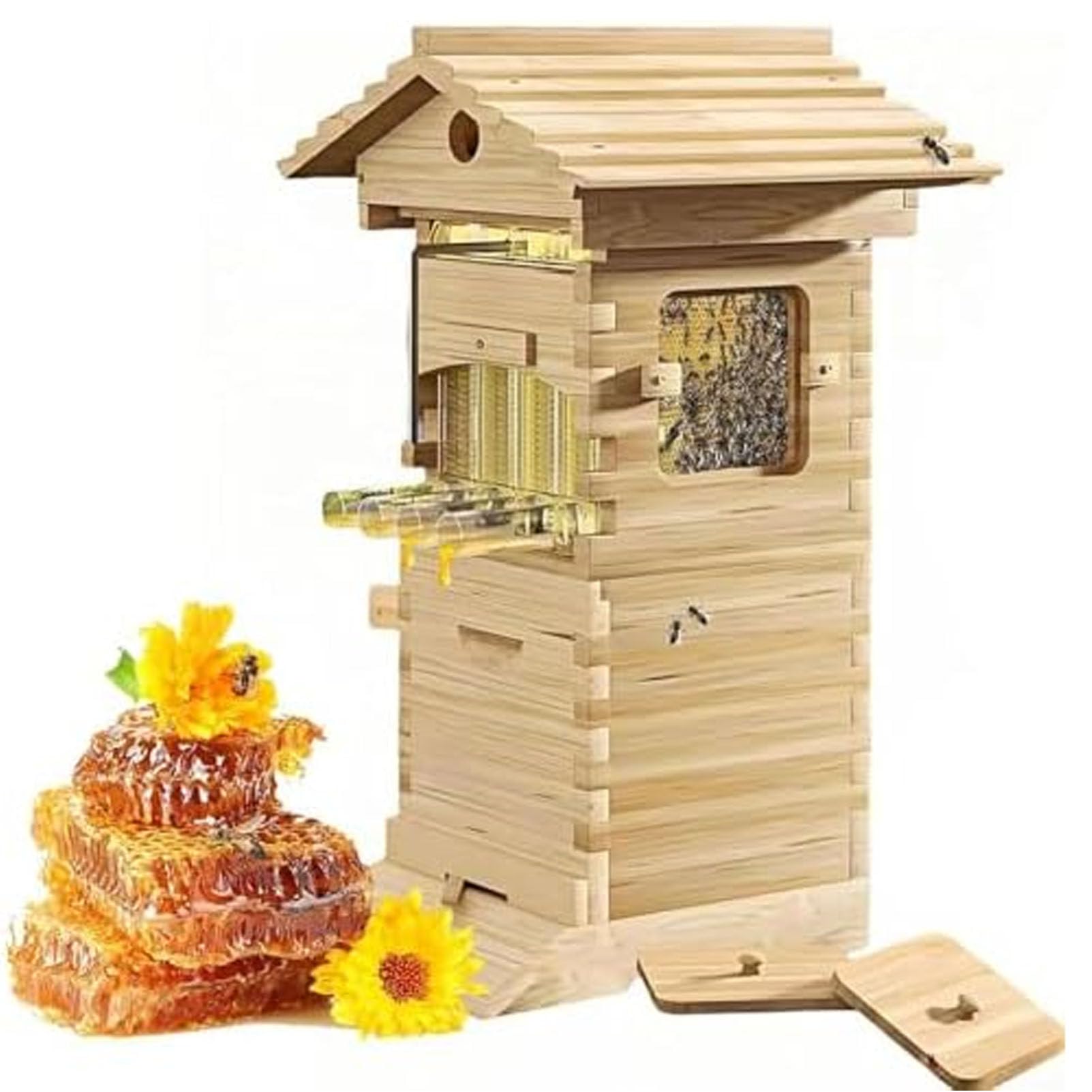 Caibendss Beehive Starter Kit, Self-Flowing Wooden Beehive, with Brooder Frames/Observation Windows/Honey Nozzles,Automatic Honey Harvesting