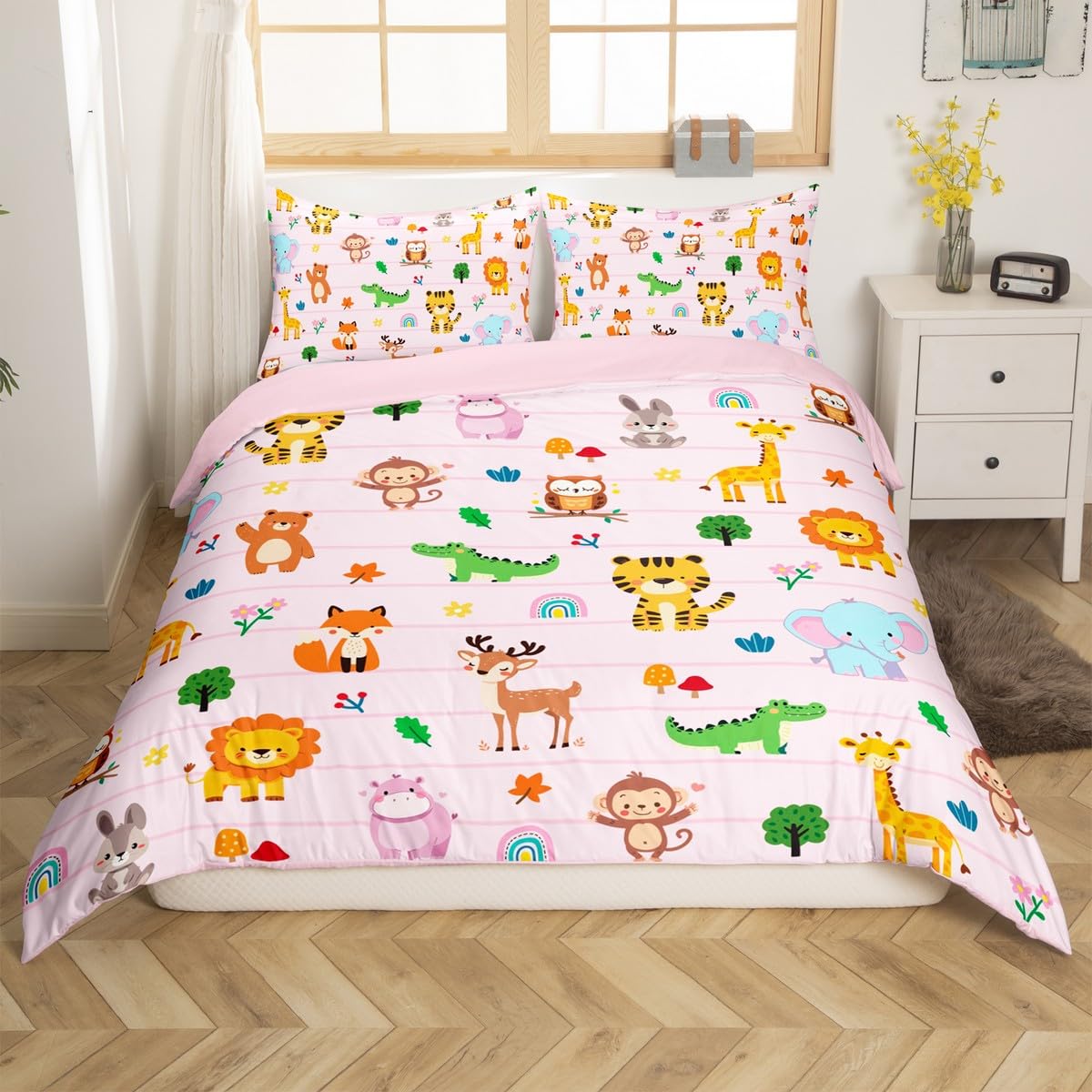 Homemissing Lion Fox Owl Elephant Duvet Cover Set Cot Size For Kids Boys Teens 3D Animal Printed Bedding Set Cartoon Zoo Bedding Comforter Cover Set Zoo Animal Pink Quilt Cover with 1 Pillowcase — image 1