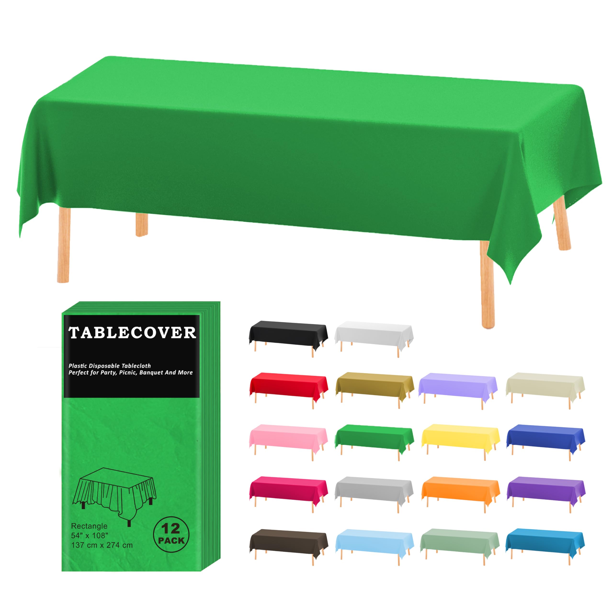 D&Z Plastic Table Cloth Disposable, 12 Pack Green Rectangle Tablecloth Individually Wrapped for Indoor&Outdoor, 54 x 108 Inch Table Cover for Party,