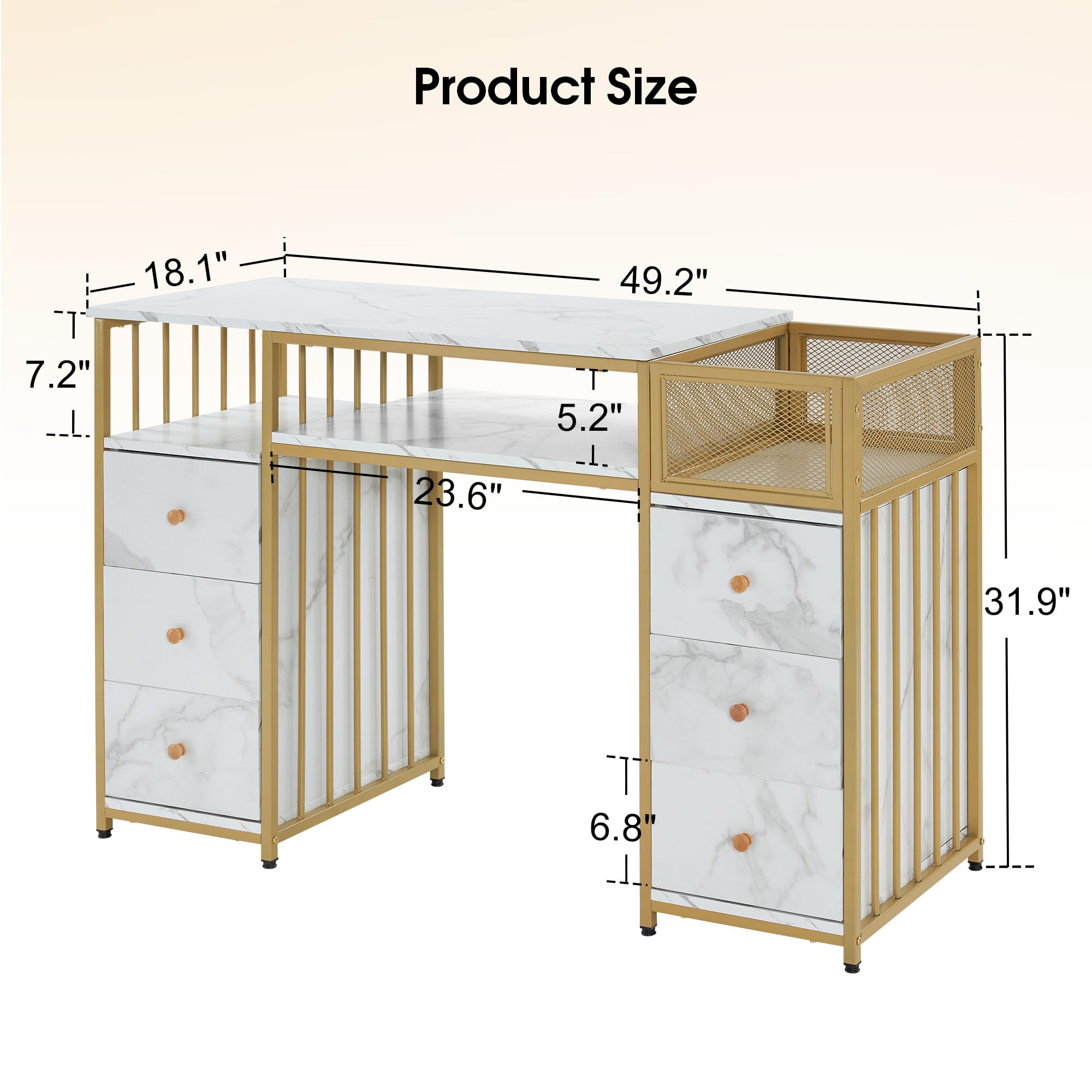 BarberPub Marbling Texture Nail Acetone Resistant Desk, Manicure Table with Metal Frame, Nail Salon Station Beauty Storage Organizer 2425 (White)