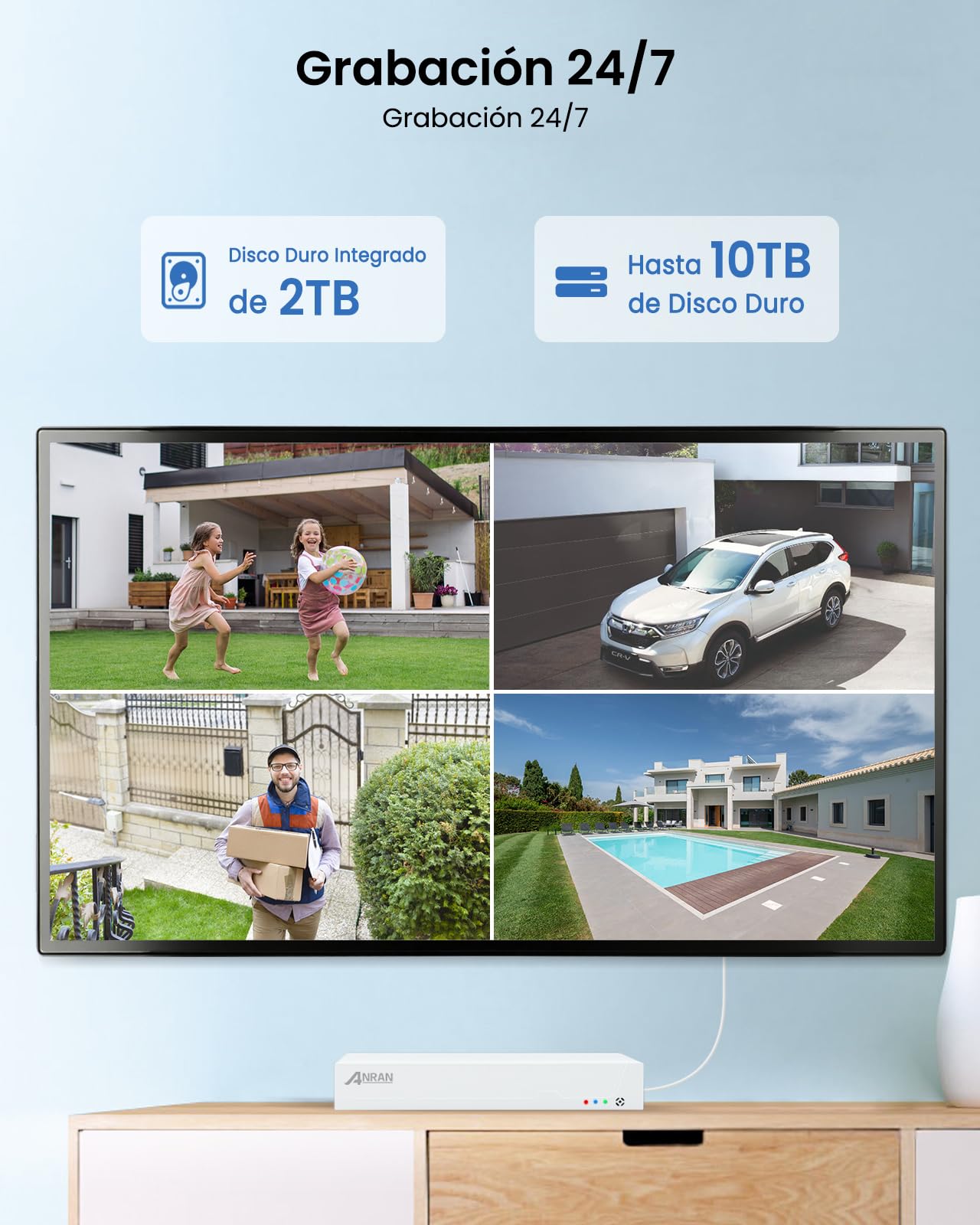 ANRAN 4K Kit Cámara Seguridad PoE, 4x8MP IP Cámara de Vigilancia Exterior/Interior, 8CH NVR con 2TB HDD, 360° Cámara con Movimiento Detector, 24/7 Grabación Continua, IP67 Impermeable, Audio de 2 Vías