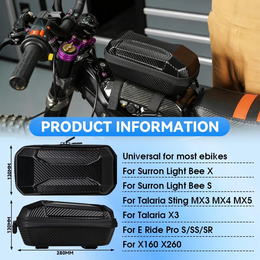 Ebike Frame Storage Bag,Hard-Shell Carbon Fiber Texture E Bike Phone Pouch Bag Universal for Electric Dirt Bikes like Surron Light Bee X S/X160/X260/Talaria X3 MX3 MX4 MX5/E Ride Pro/Tuttio Soleil01