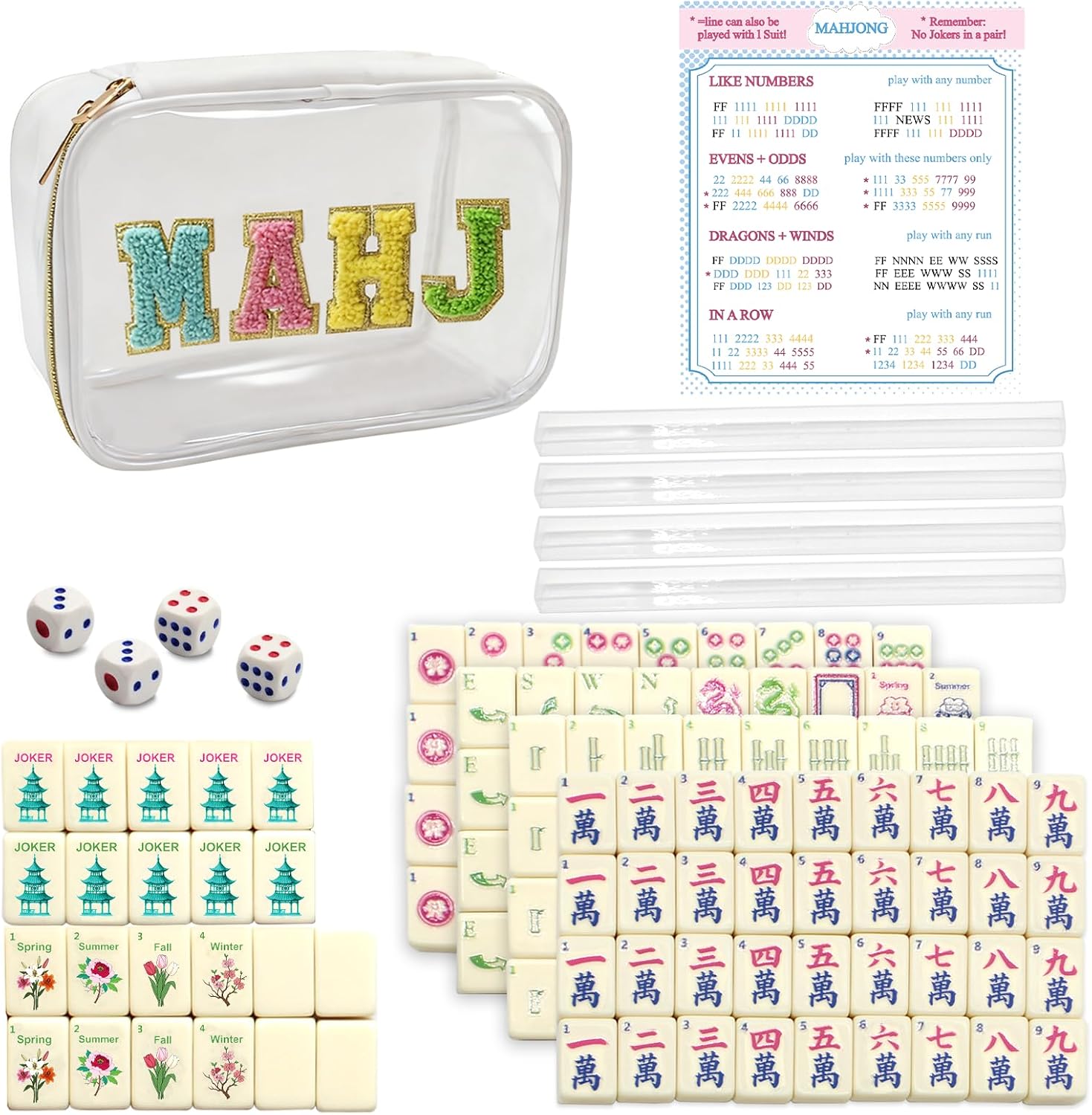 Mini Mahjong Set,American Mahjong Game Set,Complete Mahjong Tile Set with 166 White Tiles (0.8’’),4 Tile rulers,4 dice,1 Bag,5 Instruction Manuals,Perfect Mahjong Game Gift for Enthusiasts