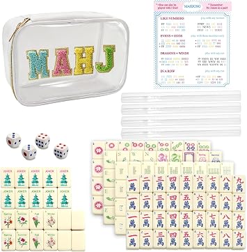 Mini Mahjong Set,American Mahjong Game Set,Complete Mahjong Tile Set with 166 White Tiles 0.8,4 Tile rulers,4 dice,1 Bag,5 Instruction Manuals,Perfect Mahjong Game Gift for Enthusiasts