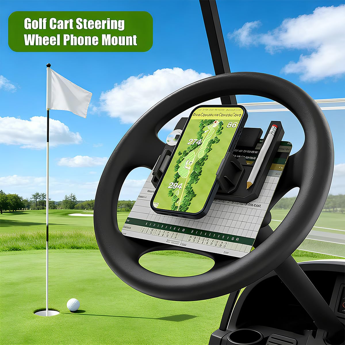 Golf Cart Steering Wheel Phone Holder, Flip Up Phone Holder with Scorecard Slot Secure Spring One‑Hand Operation Spring Quick Clamp for Club Car EZGO Yamaha — view 7