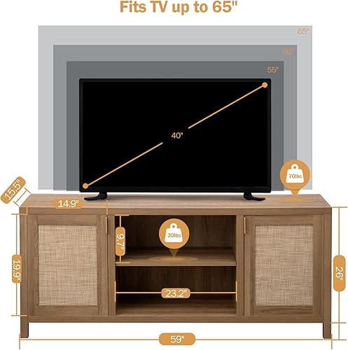 Miniatura 9 de SICOTAS Soporte de TV de ratán para sala de estar, mueble consola de TV de madera de 26 pulgadas de alto con almacenamiento y estante ajustable,