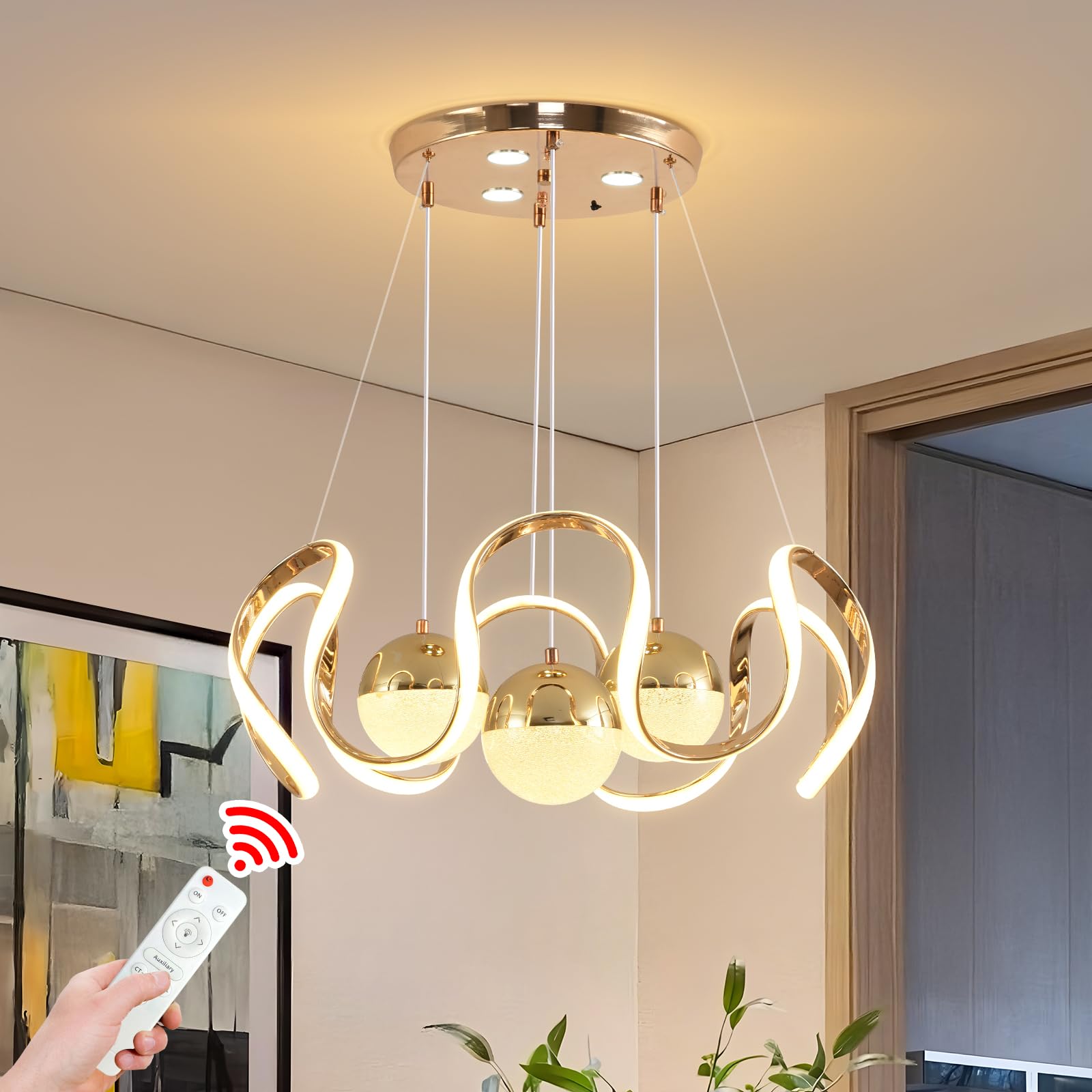 HUA QIANG WANG Modern LED Chandelier with Remote Control, Dimmable 3 Color Integrated LED Ceiling Pendant Light, Decorative Hanging Lamp for Living Room Bedroom Dining Room, Gold
